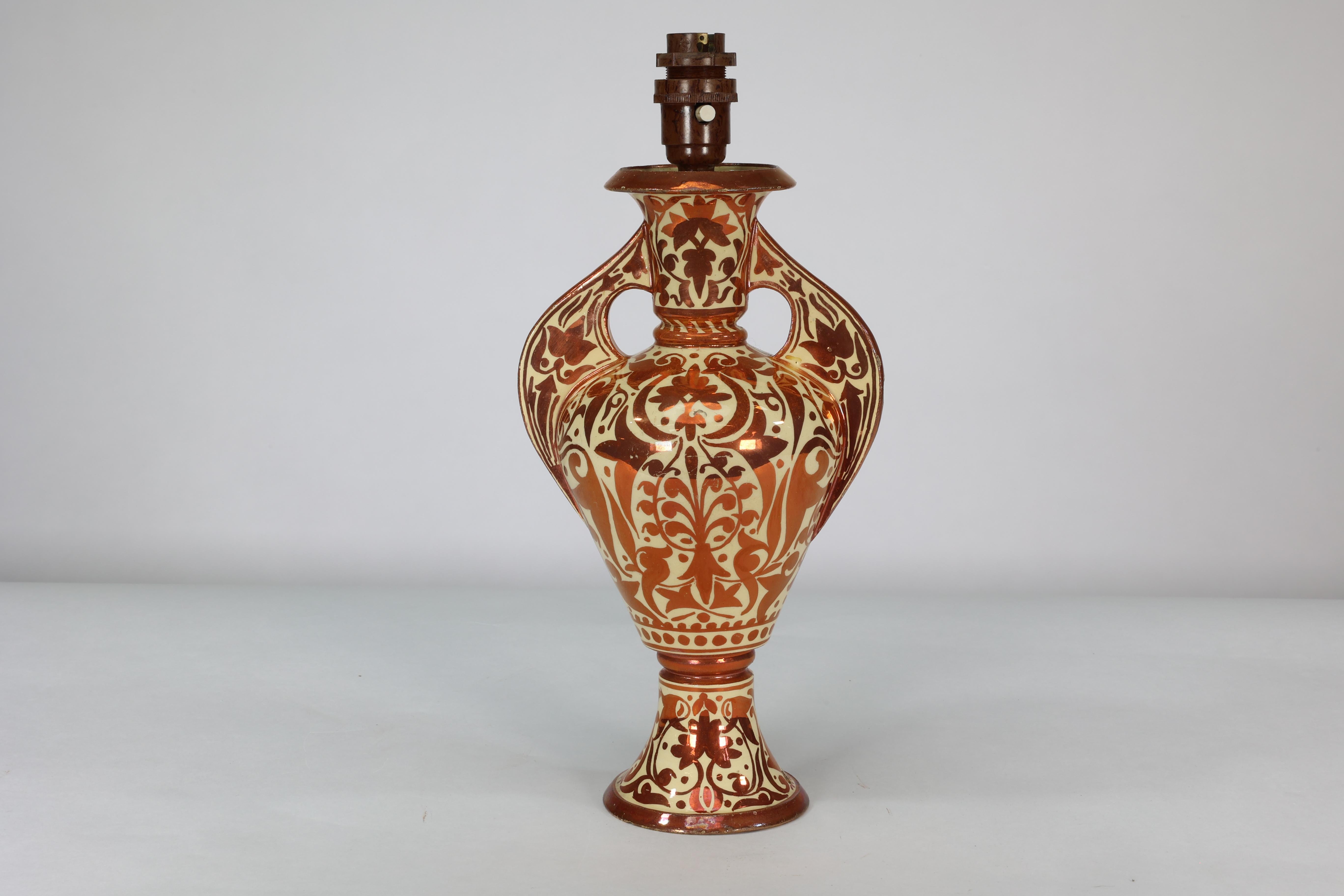 Cantagalli Italian porcelain copper lustre twin-handled vase converted into a table lamp. 