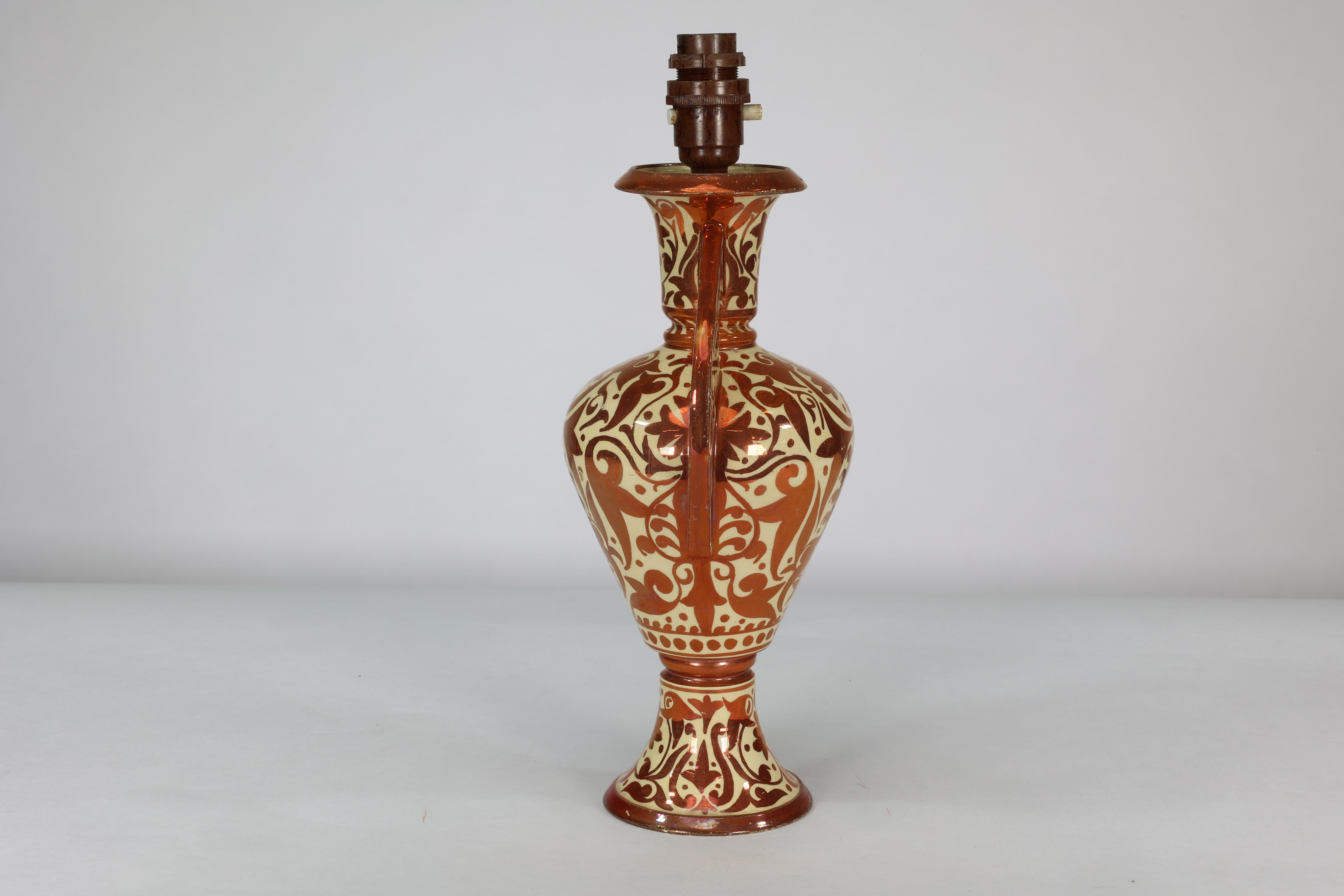 Arts and Crafts Cantagalli Italian porcelain copper lustre vase converted into a table lamp. For Sale