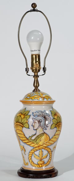 Cantagalli Majolica Urn Table Lamp with Warrior Portrait, Italy 1930-1950