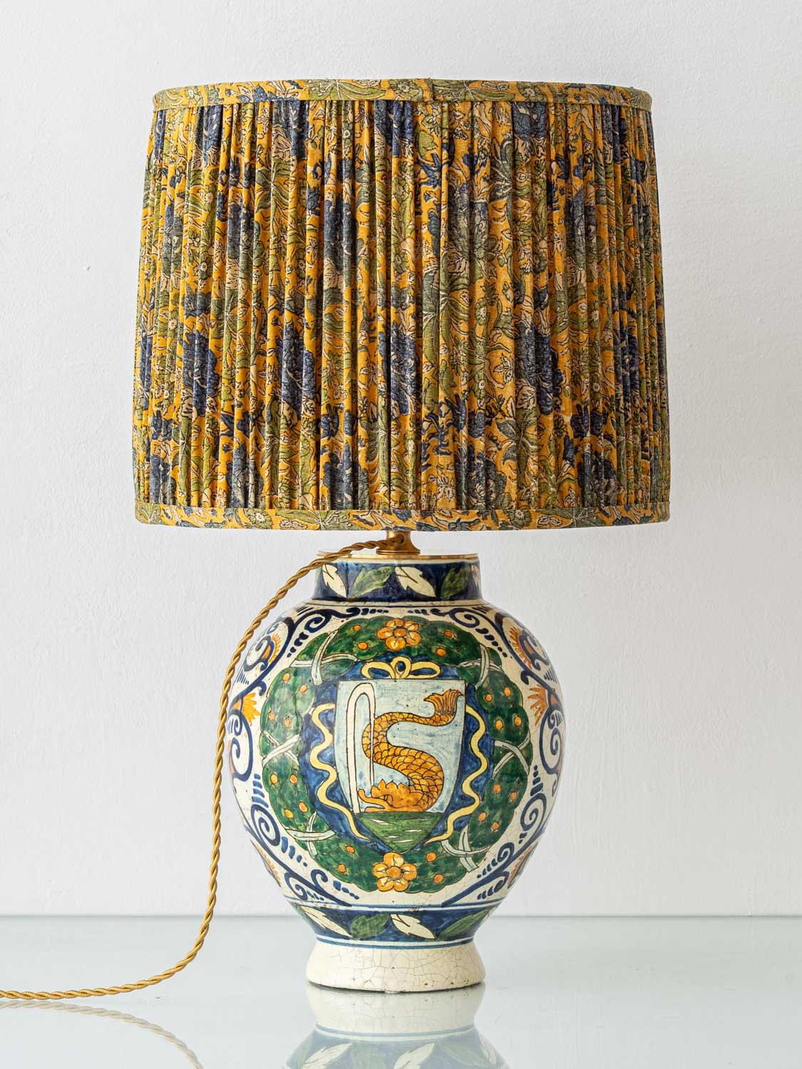 Renaissance Revival Cantagalli Style Table Lamp (1880s) with New Pleated Sari Silk Shade For Sale