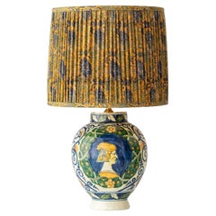 Cantagalli Style Table Lamp (1880s) with New Pleated Sari Silk Shade