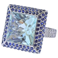 Cantamessa 16.77 Carat Aquamarine Sapphire Diamond Gold Ring