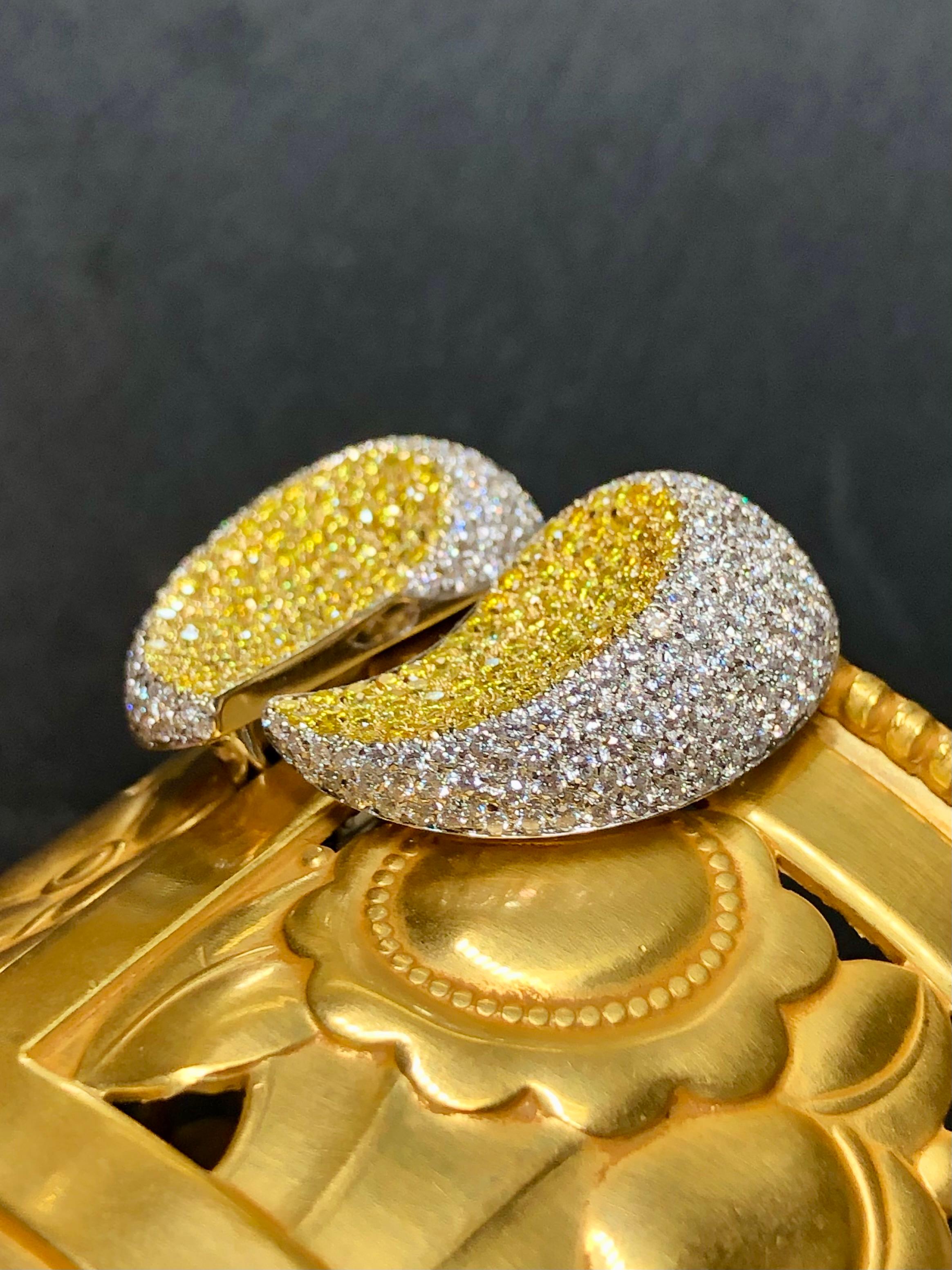 Women's or Men's CANTAMESSA 18K Pave White Fancy Yellow Diamond Paisley Huggies Earrings 6.60ctw For Sale