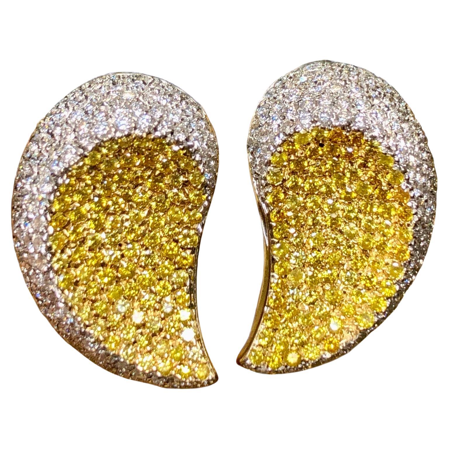 CANTAMESSA 18K Pave White Fancy Yellow Diamond Paisley Huggies Earrings 6.60ctw