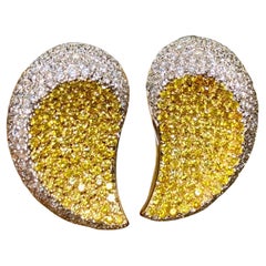 Retro CANTAMESSA 18K Pave White Fancy Yellow Diamond Paisley Huggies Earrings 6.60ctw