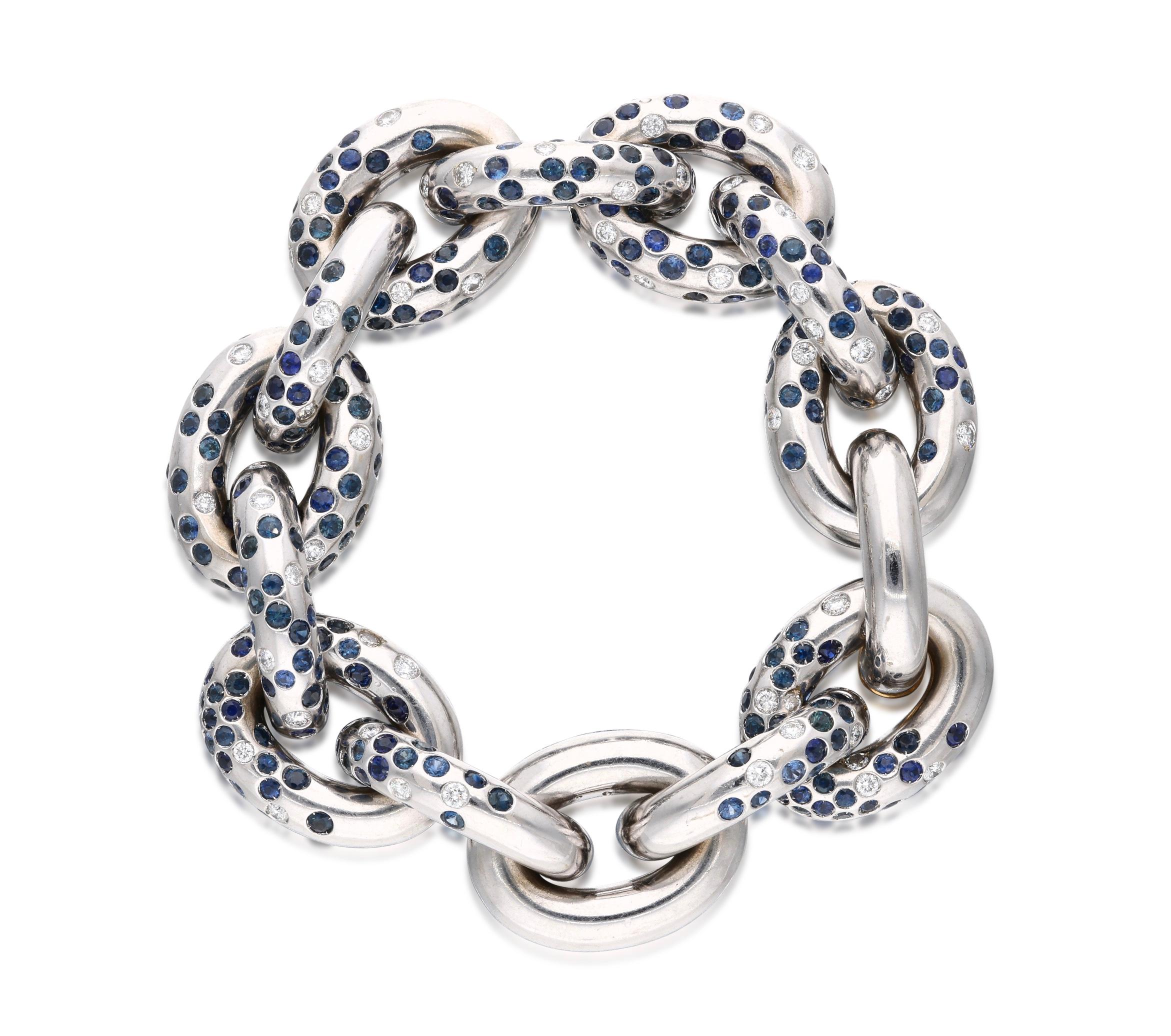 Round Cut Cantamessa White Gold Link Sapphire Diamond Bracelet  For Sale