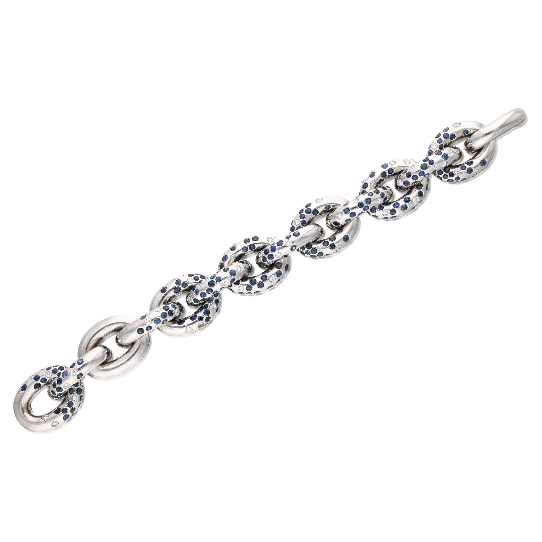 Cantamessa White Gold Link Sapphire Diamond Bracelet  For Sale