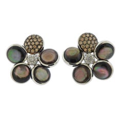 Cantamessa Gold Fancy Diamond Mother of Pearl Flower Earrings