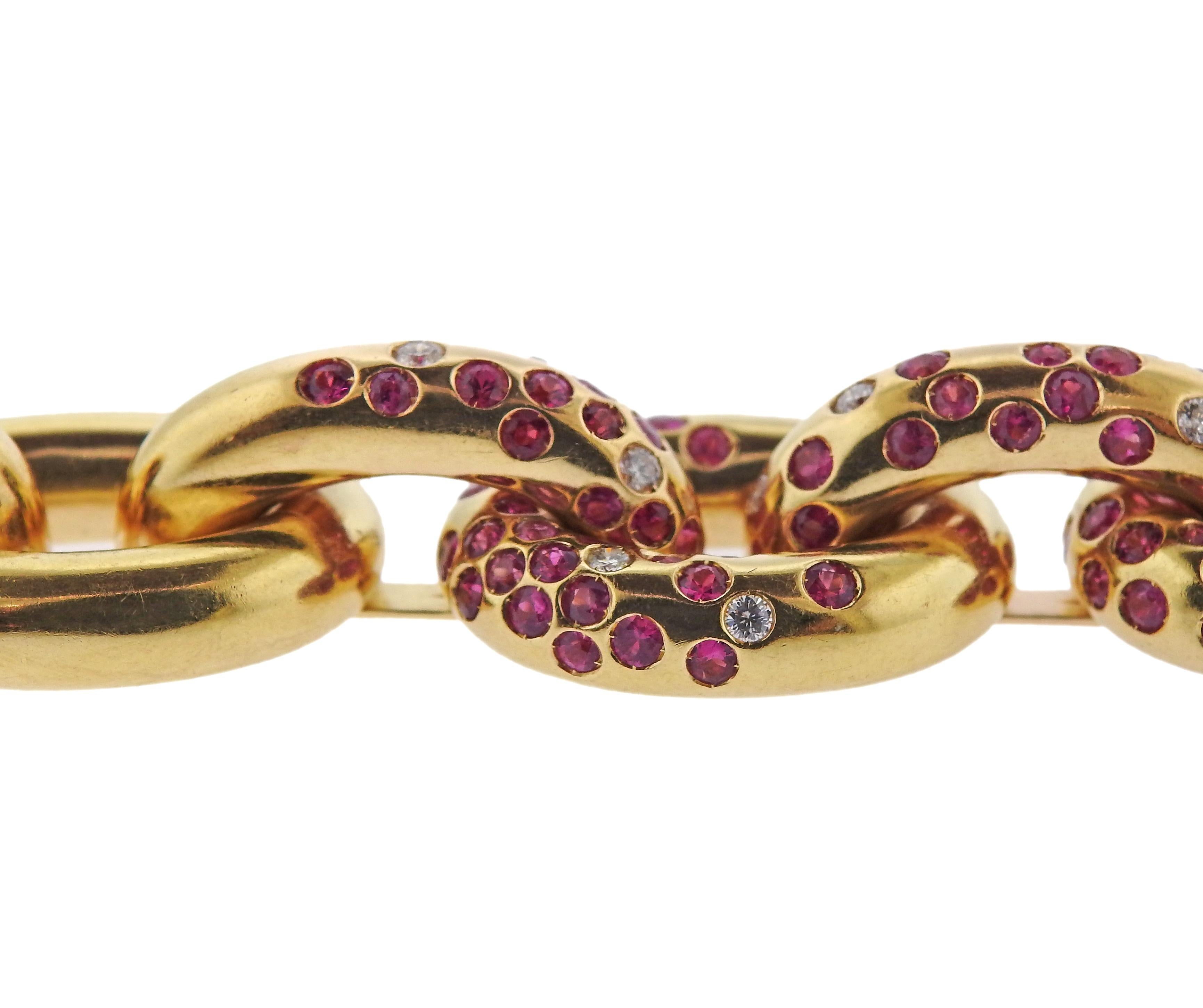 Round Cut Cantamessa Ruby Diamond Yellow Gold Link Bracelet
