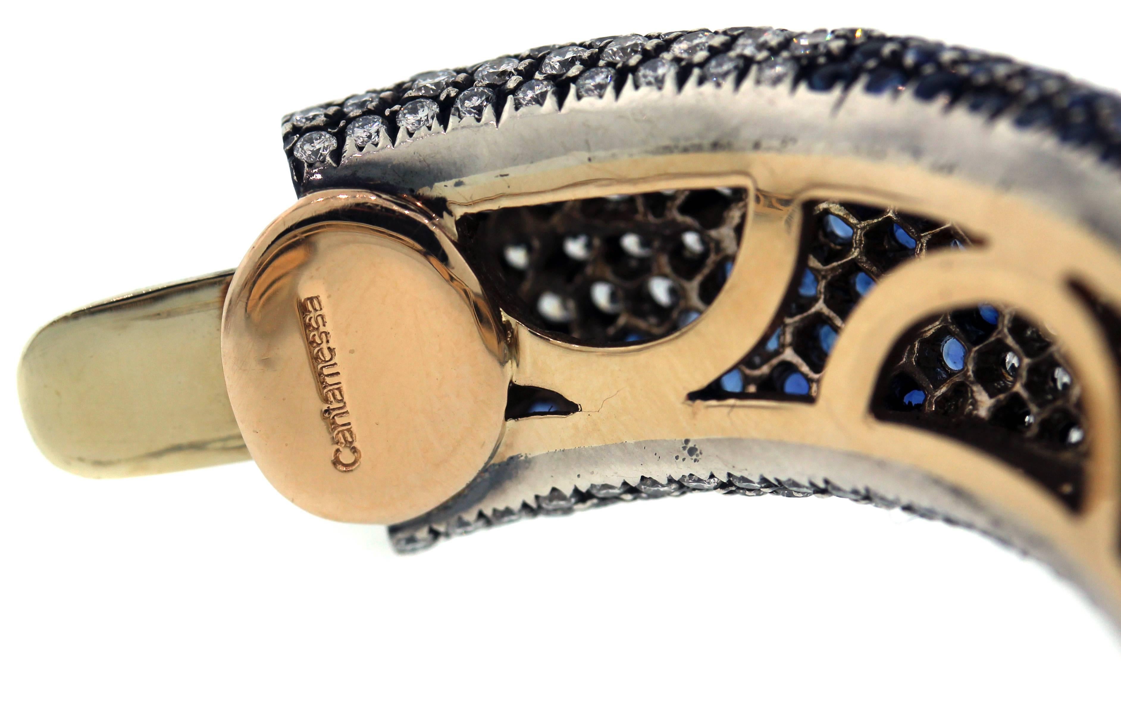 Round Cut Cantamessa Shaded Blue Sapphire Diamond 18 Karat Gold Curved Bangle Bracelet