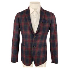CANTARELLI Size 36 Burgundy 
Navy Plaid Virgin Wool Blend Sport Coat