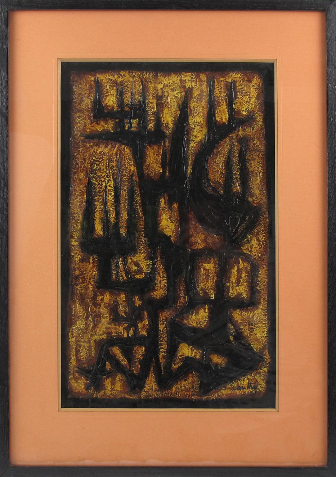 This Mid-Century modernist mix-media abstract composition is signed by American artist Canthi and dated 1961. 
The brutalist design in black and brown colors contrasts with the yellow and orange tones of the background. The composition is ornate