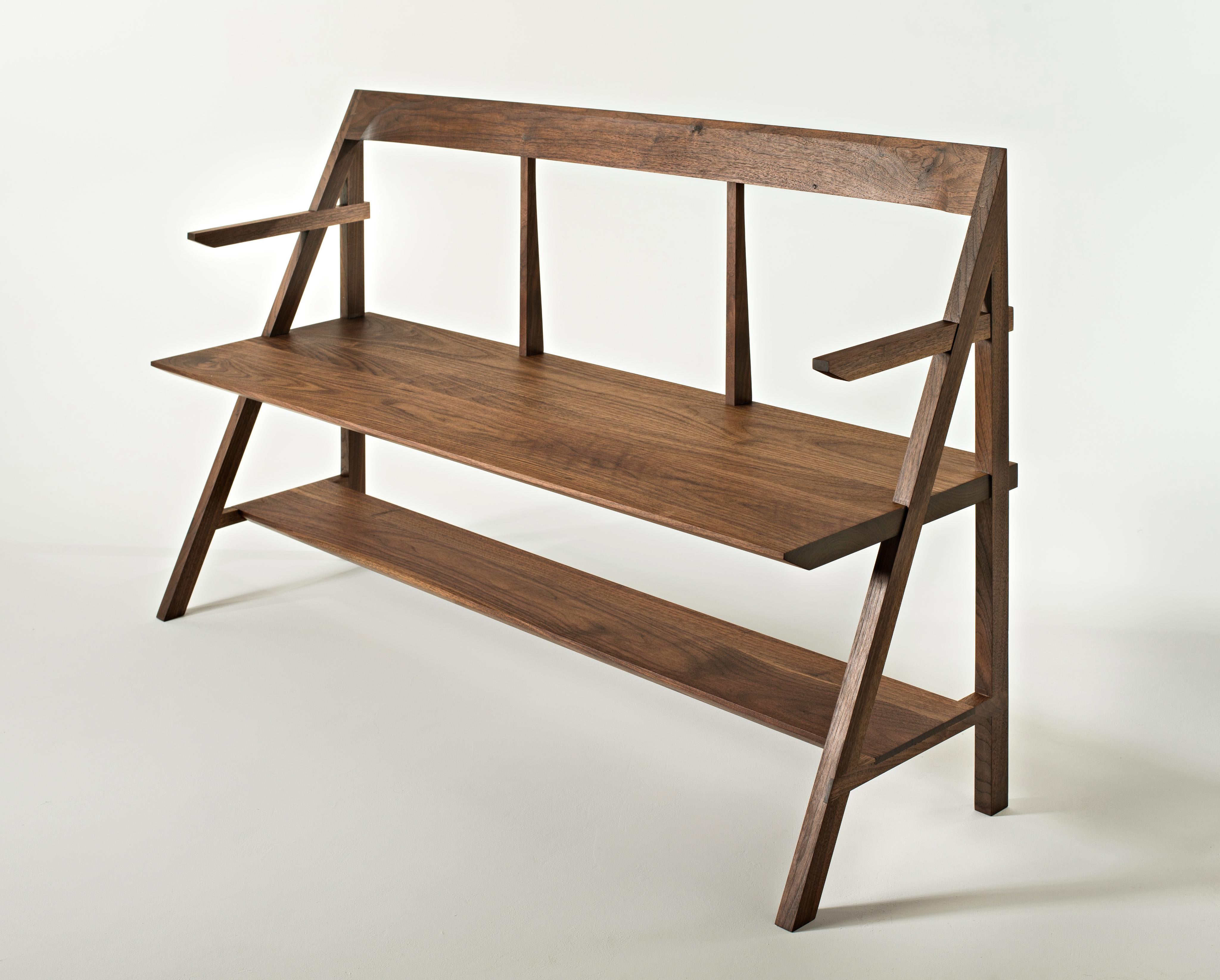 The Cantilever Bench is a simplified form that blends rationality with functionality.
Originally envisioned as an entryway piece, the shelf below provides a practical means of storage without encumbering the overall balance of the piece.
