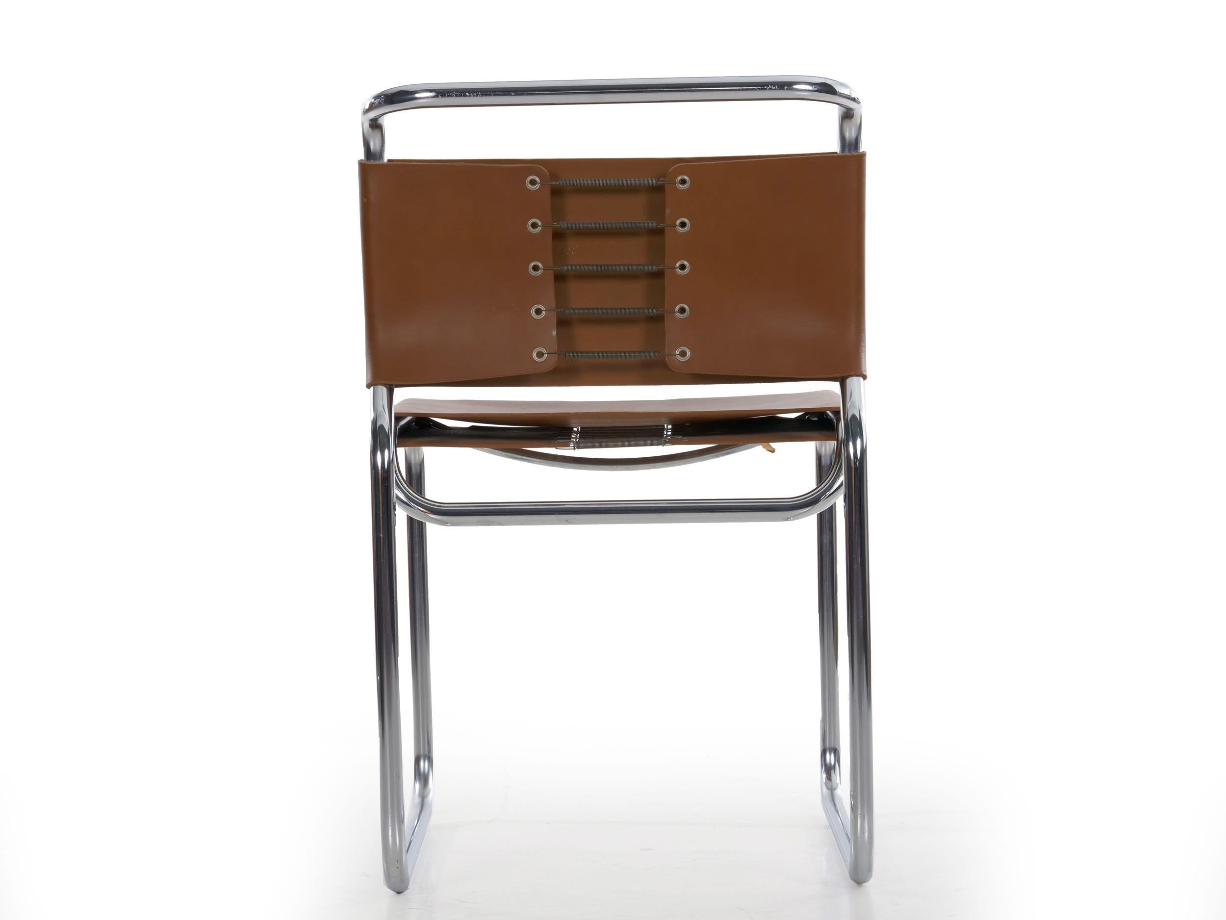 Mid-Century Modern Cantilever “CH66” Chrome and Leather Tubular Side Chair by Nicos Zographos