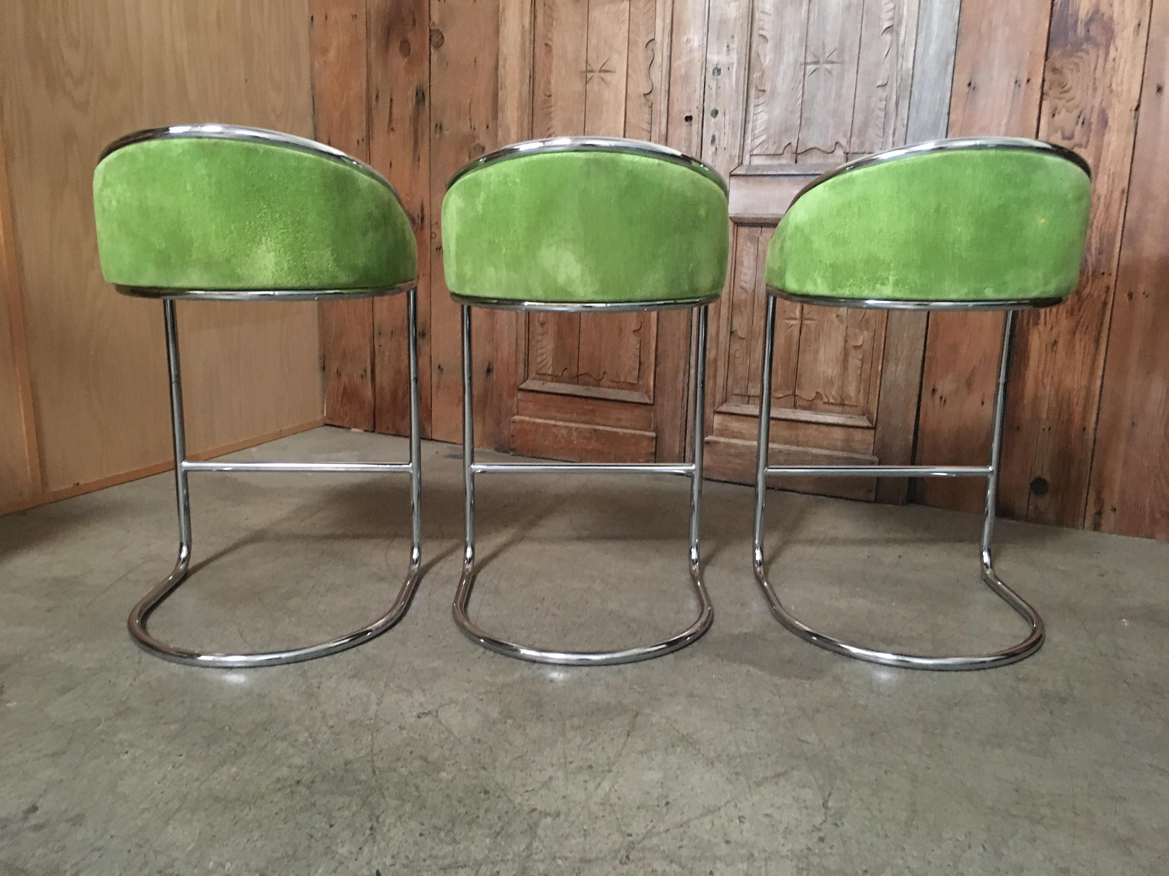 Upholstery Cantilever Chrome Bar Stools Set of Three