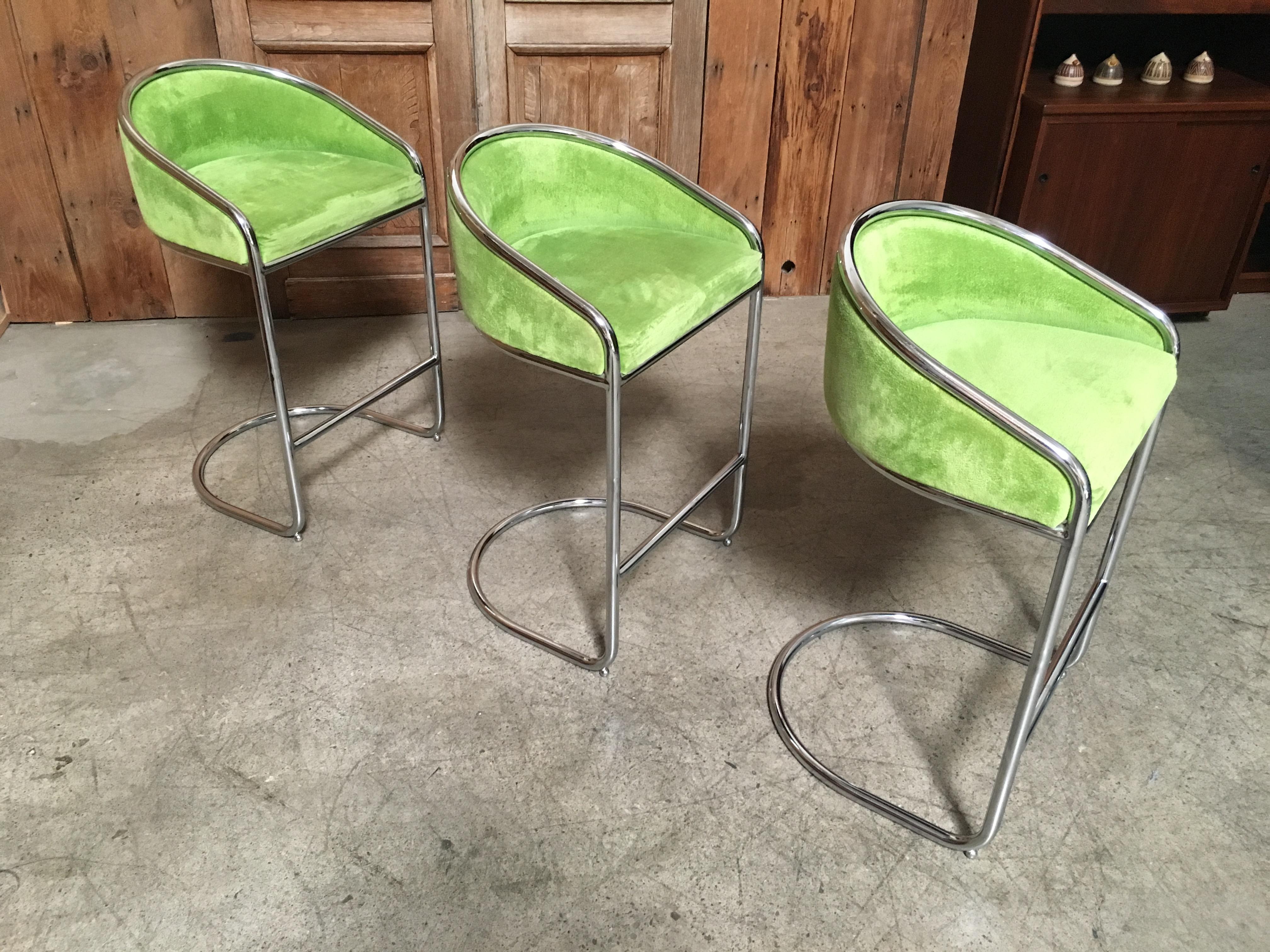 Cantilever Chrome Bar Stools Set of Three 1