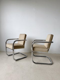 Freischwinger Chrom & karierter Samt Esszimmerstühle, Satz von 4