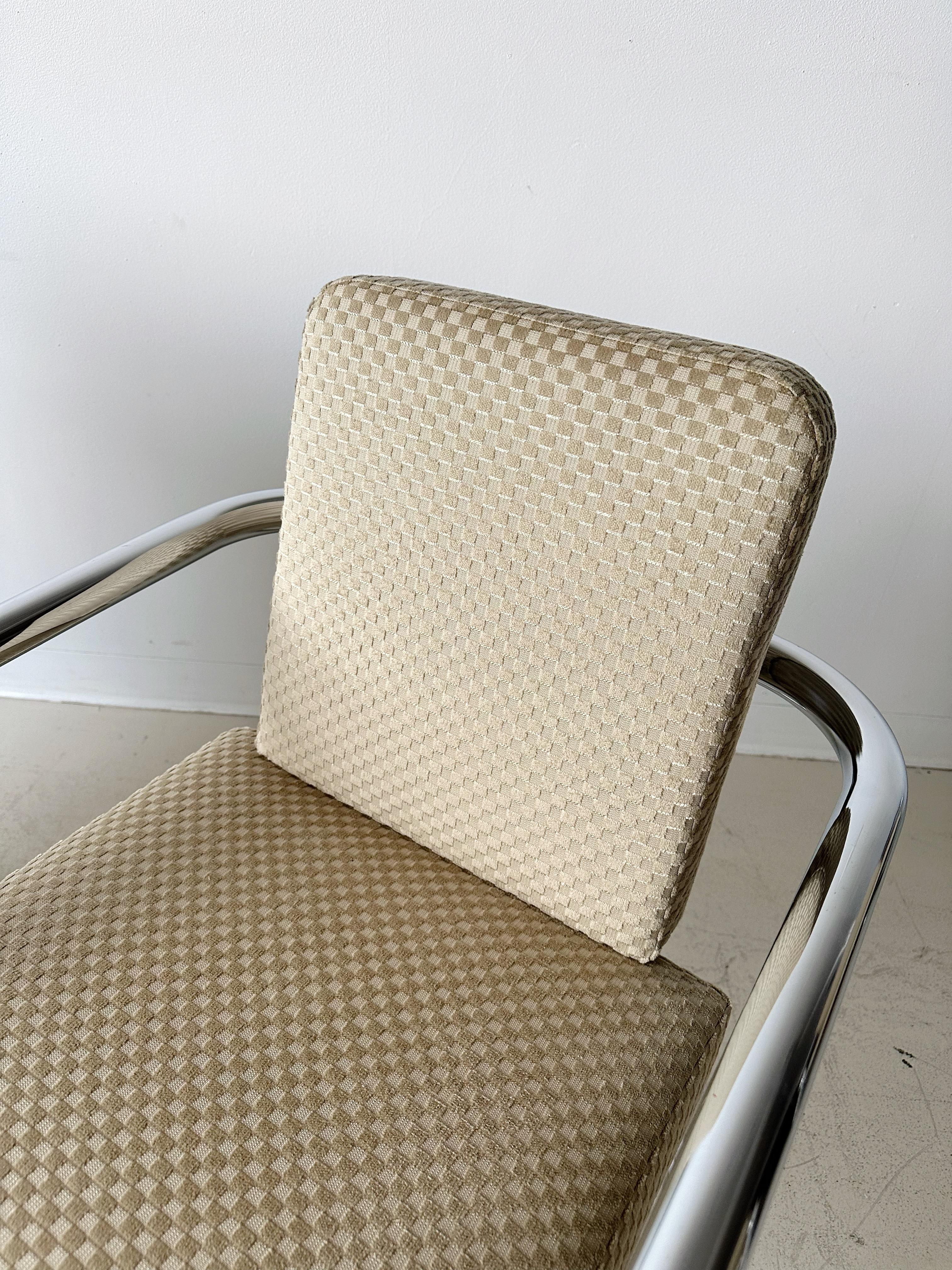 Mid-Century Modern Cantilever Chrome & Checkered Velvet Dining Chairs, Set of 4 For Sale