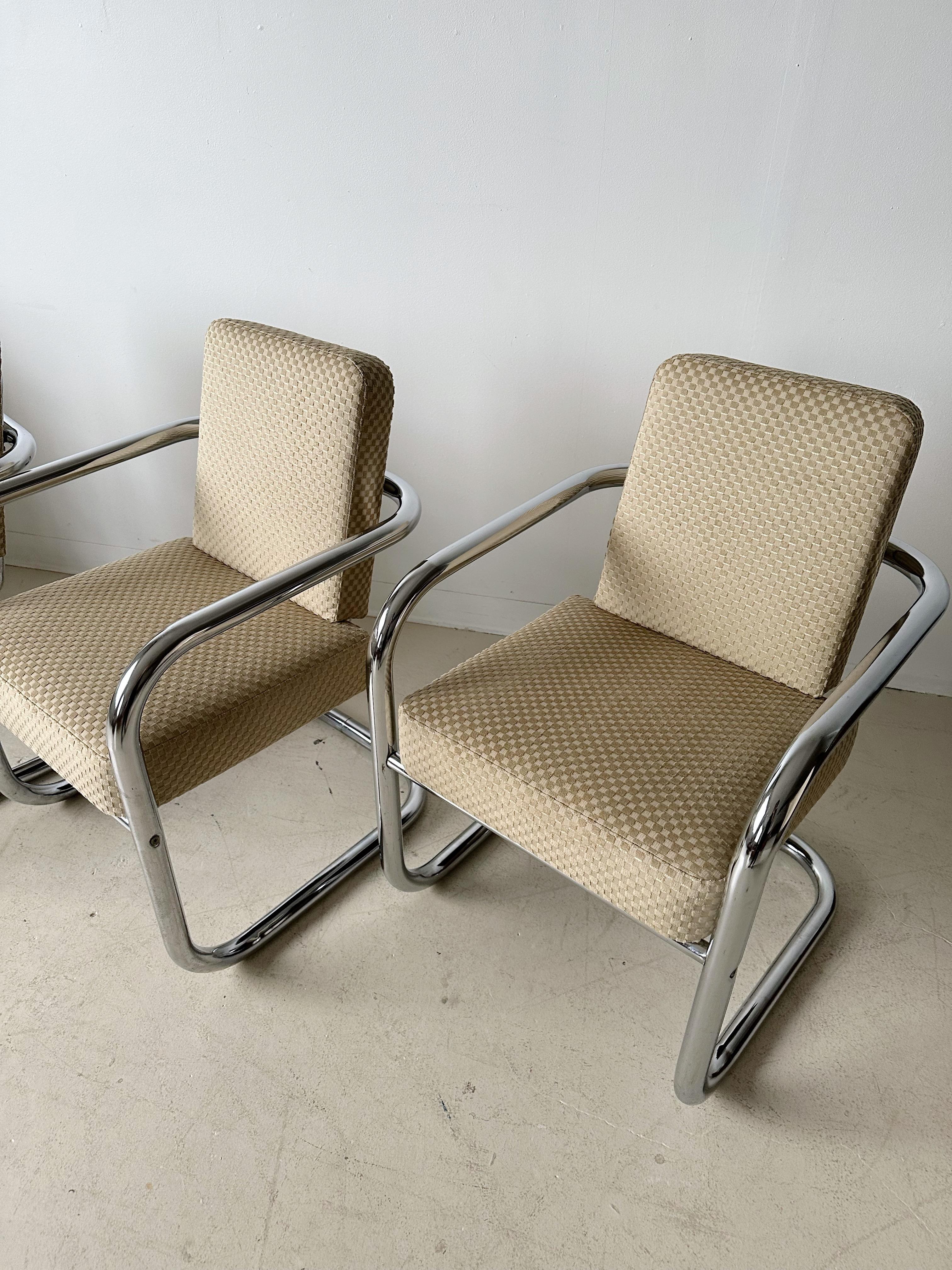 Cantilever Chrome & Checkered Velvet Dining Chairs, Set of 4 In Good Condition In Outremont, QC