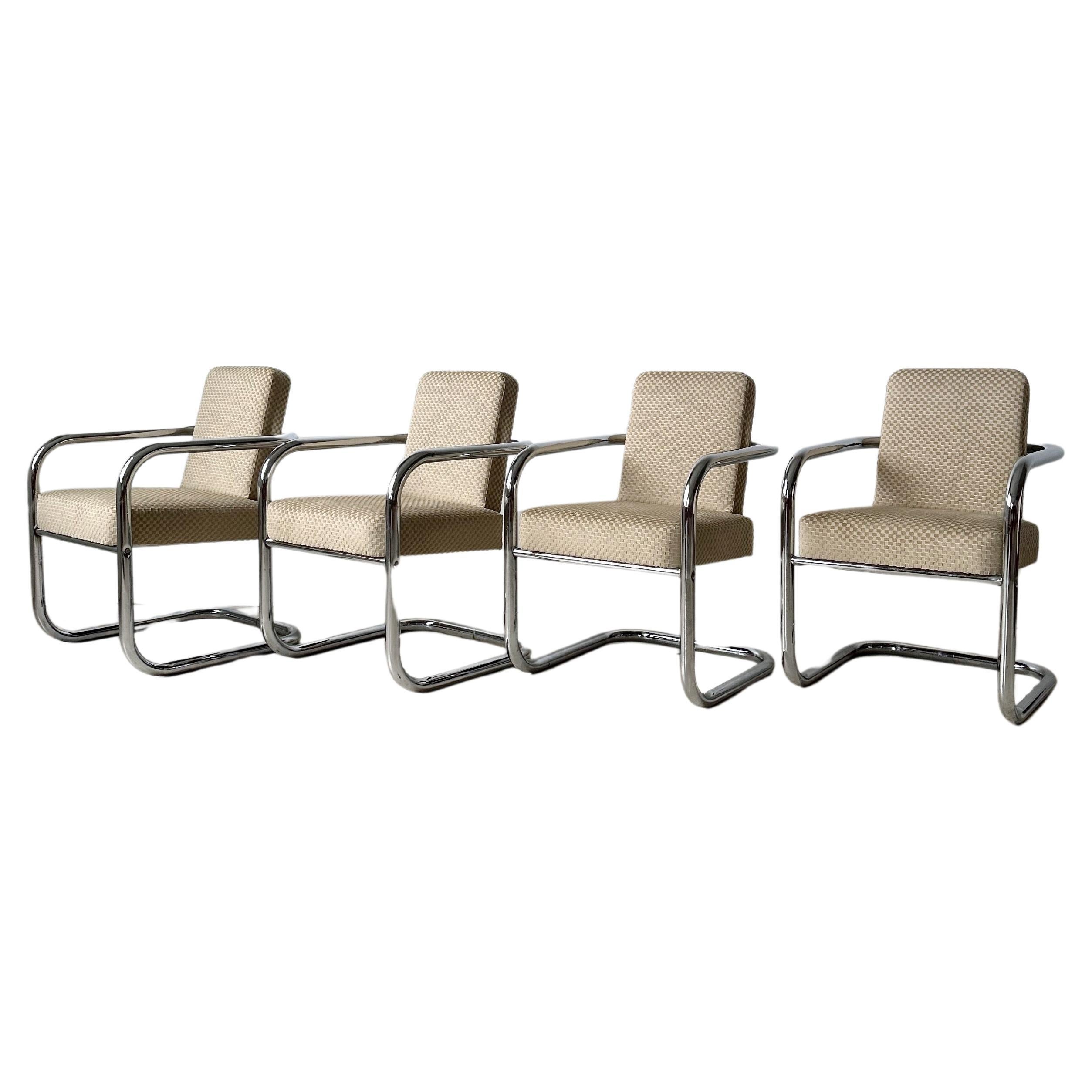 Cantilever Chrome & Checkered Velvet Dining Chairs, Set of 4