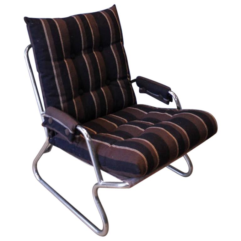 Cantilever Danish Tubular Chromed Lounge Armchair with Retro Striped Cushions For Sale