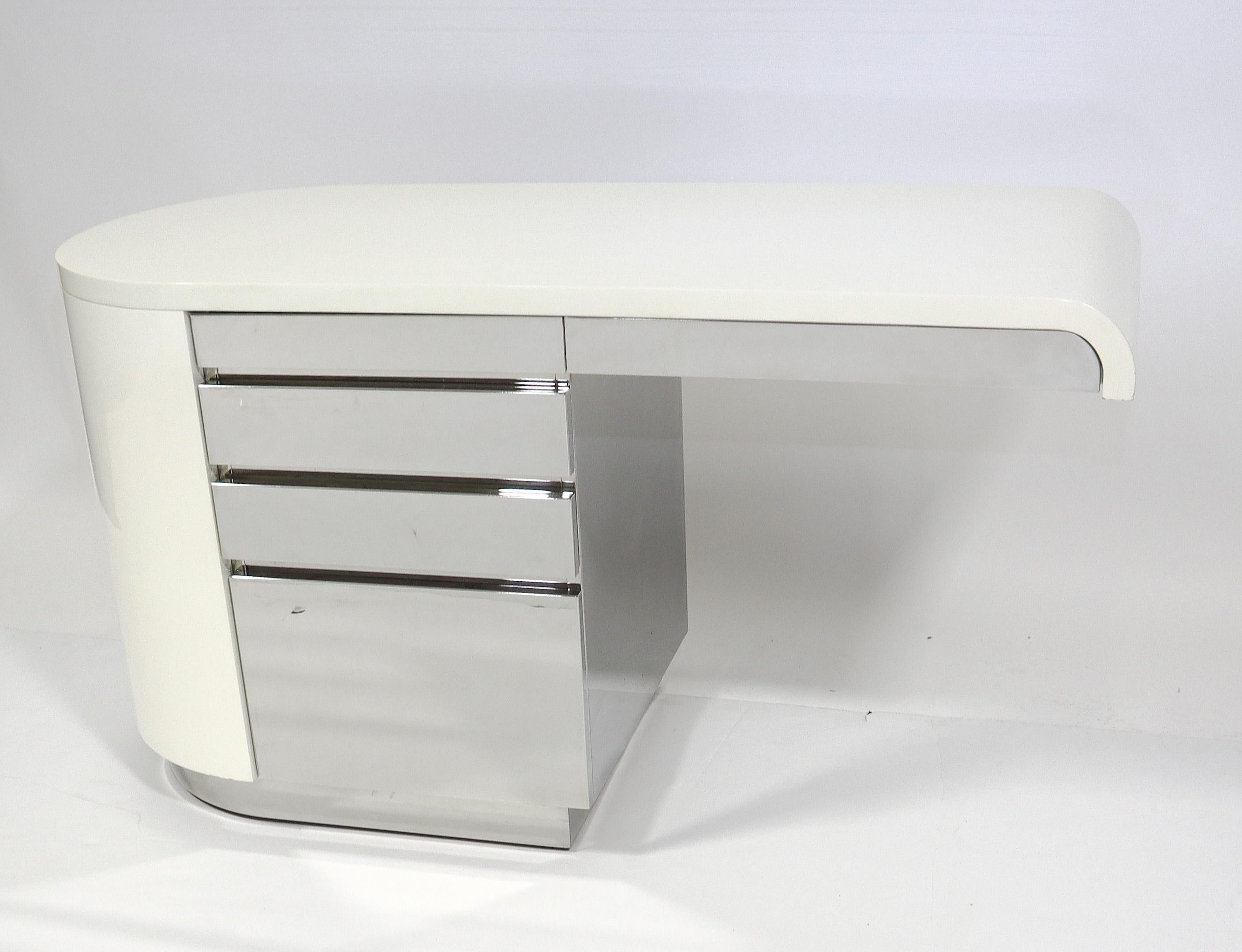 White lacquered desk / vanity with cantilever top and stainless steel drawers/base by Ron Seff. Heavy and very well made.