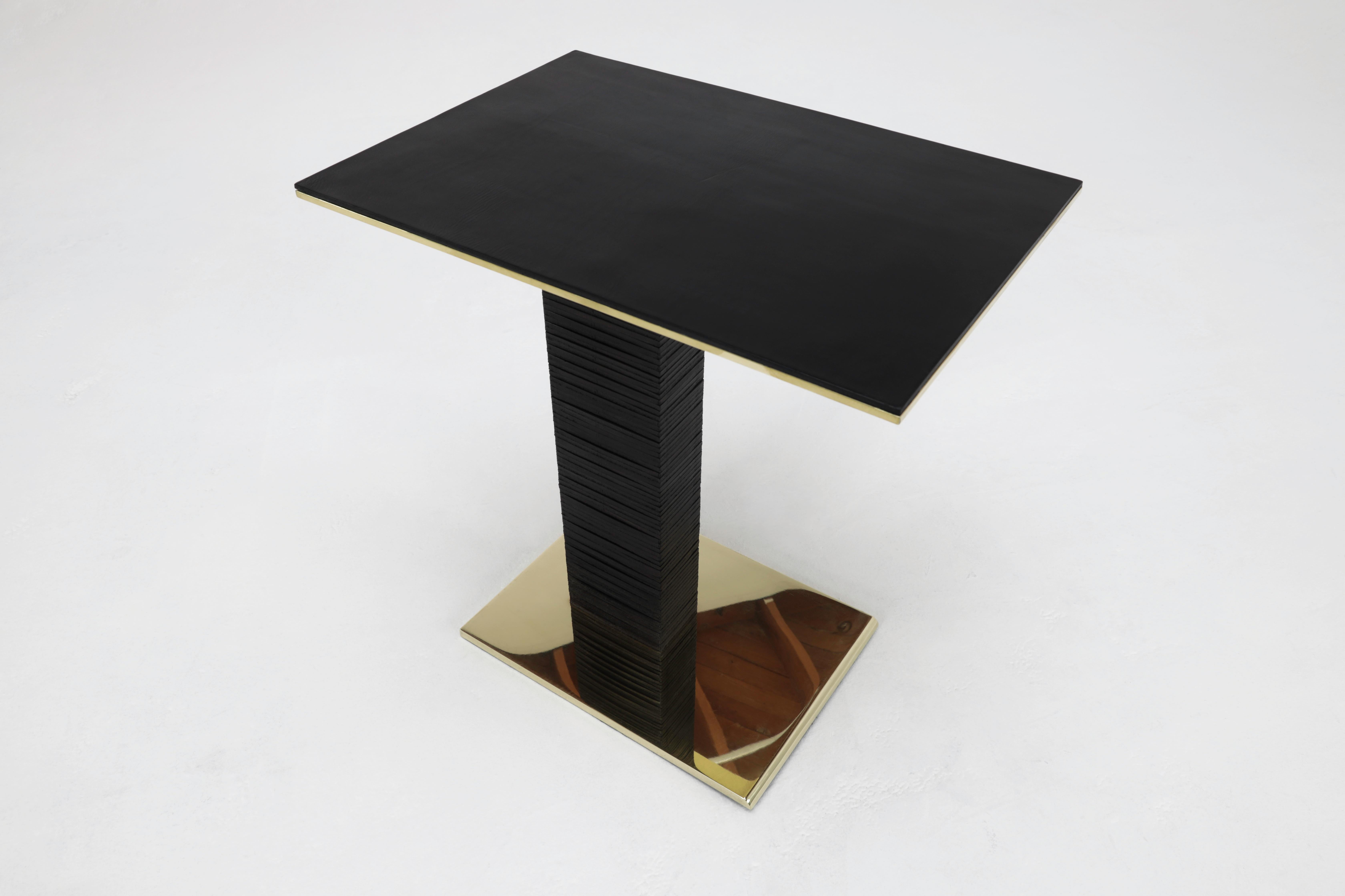 American Cantilever Infinity Side Table in Leather and Brass by Christopher Kreiling For Sale