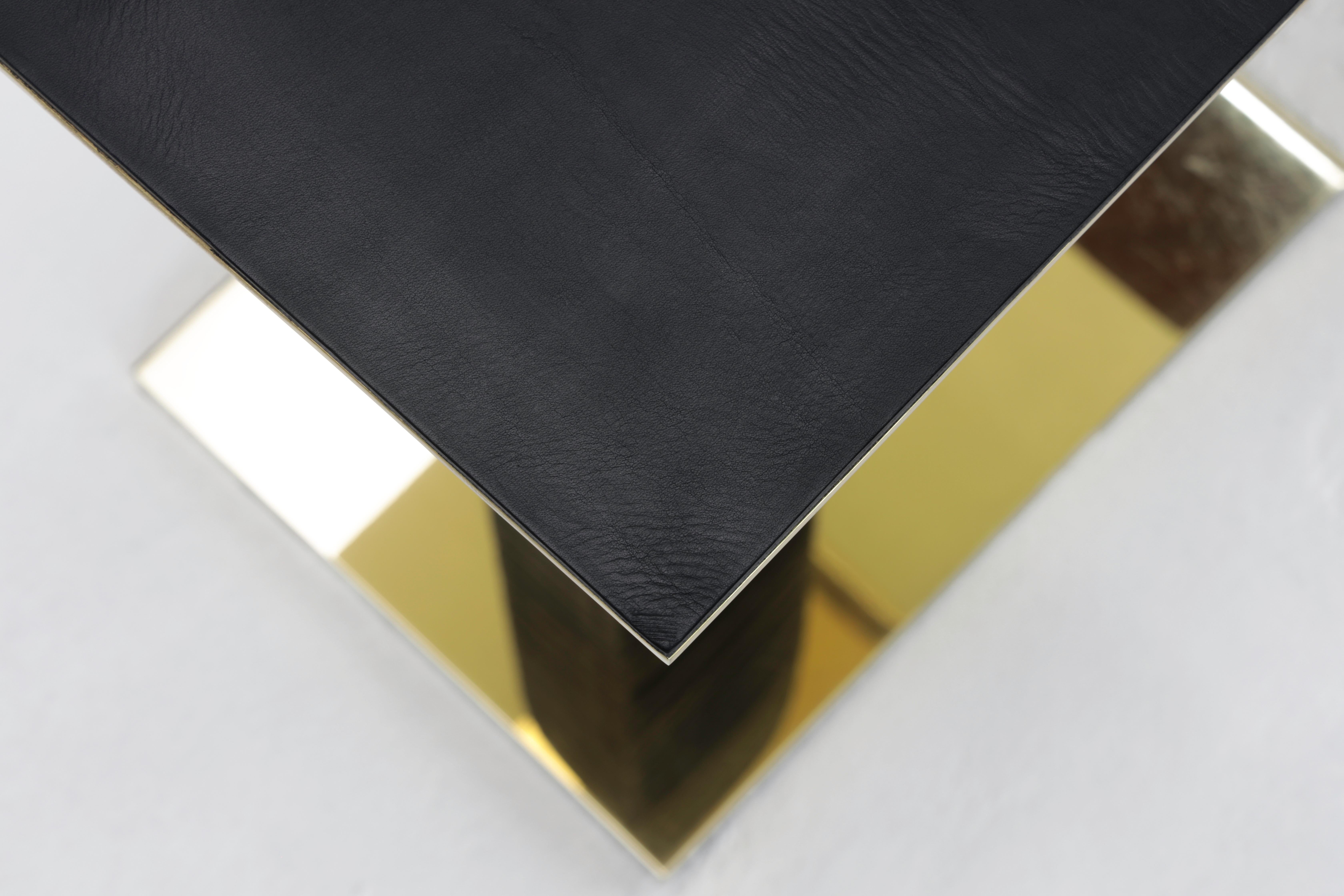 Polished Cantilever Infinity Side Table in Leather and Brass by Christopher Kreiling For Sale