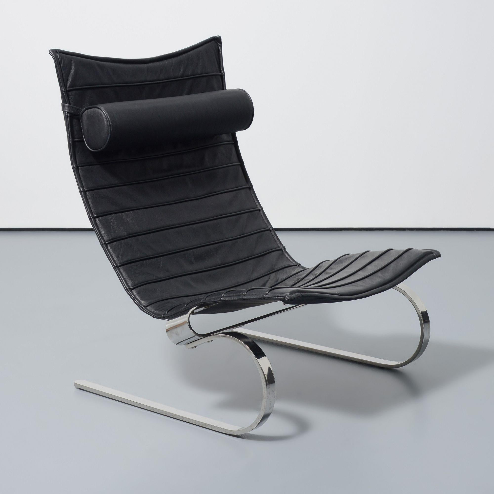 Artist/Designer; Manufacturer: Poul Kjaerholm (Danish, 1929-1980), manner of; unknown
Marking(s); notes: no marking(s) apparent
Materials: chromed metal, leather
Dimensions (H, W, D): 34