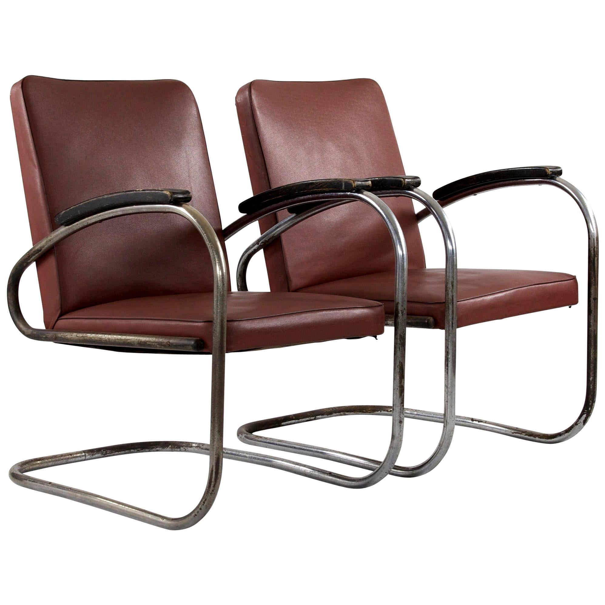 Cantilever "RS 7" Two Dark Red Faux Leather Chairs, Manufactured by Mauser