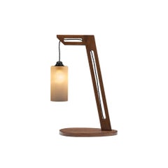 Cantilever Wooden Table Lamp with Suspended Glass Shade, Europe 1980s
