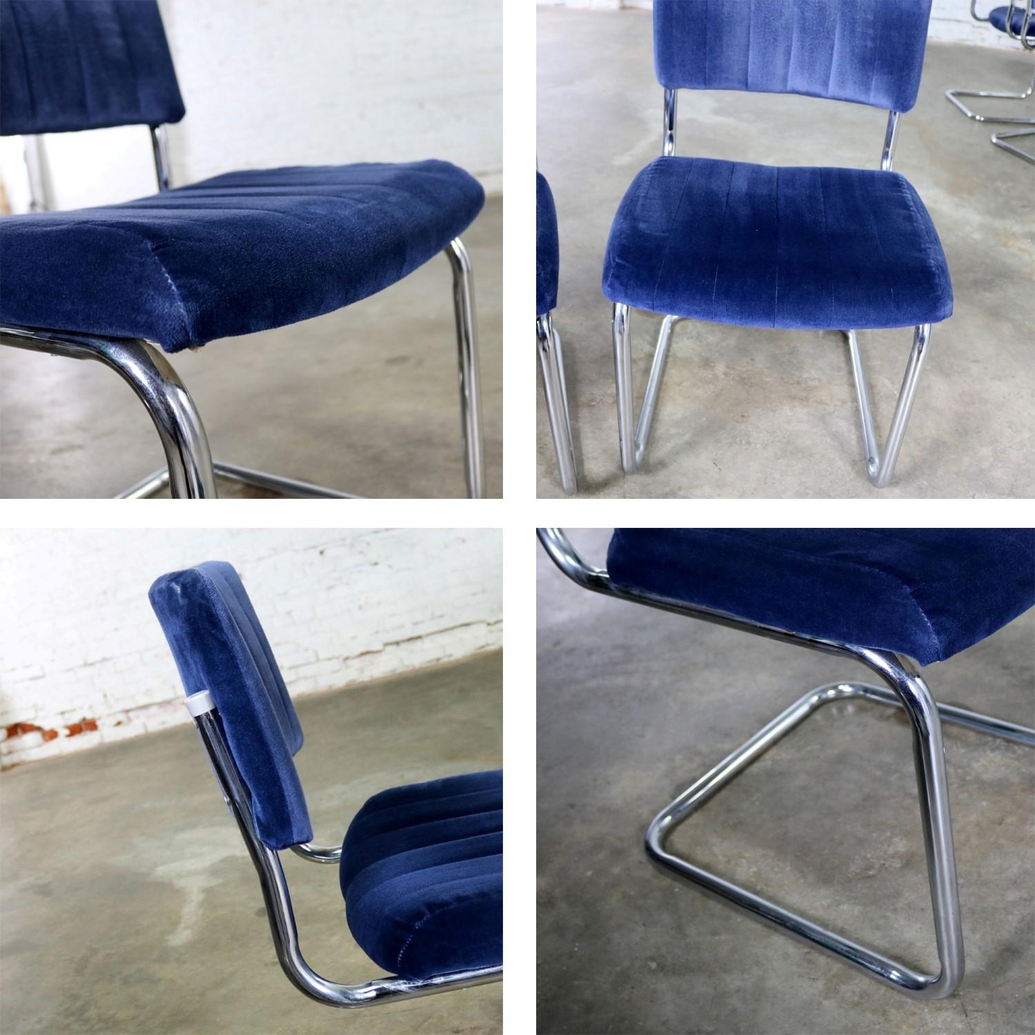 Cantilevered Chrome and Blue Velvet Dining Chairs after Marcel Breuer Cesca 4