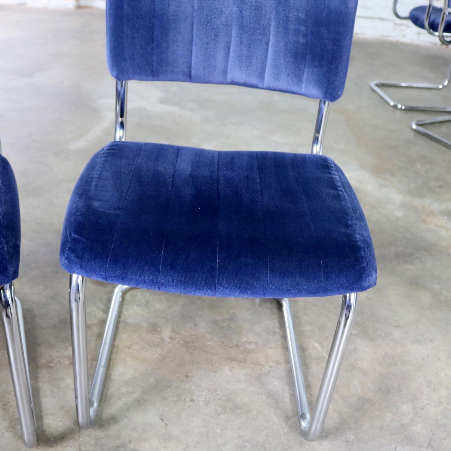 Cantilevered Chrome and Blue Velvet Dining Chairs after Marcel Breuer Cesca 5