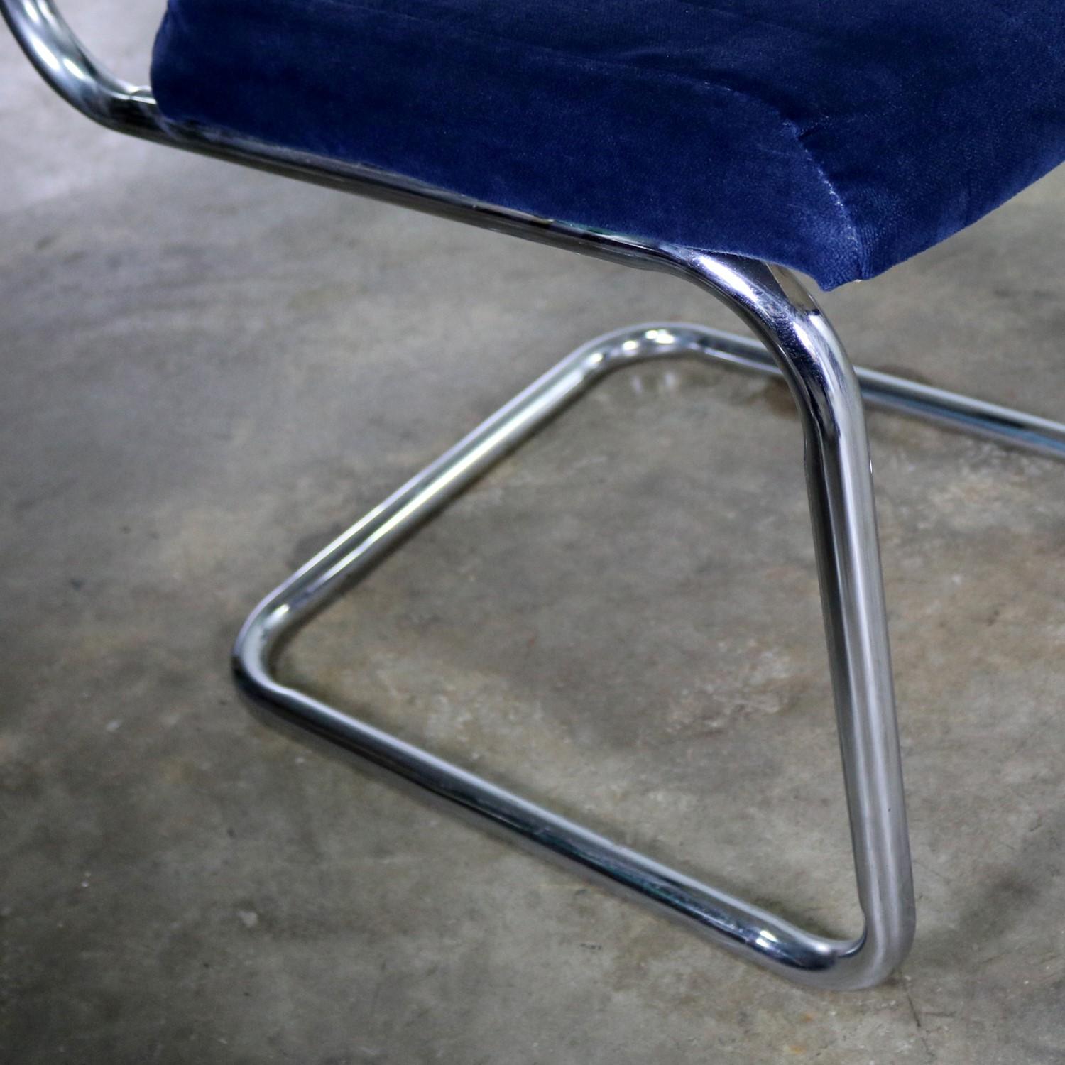 Cantilevered Chrome and Blue Velvet Dining Chairs after Marcel Breuer Cesca 7
