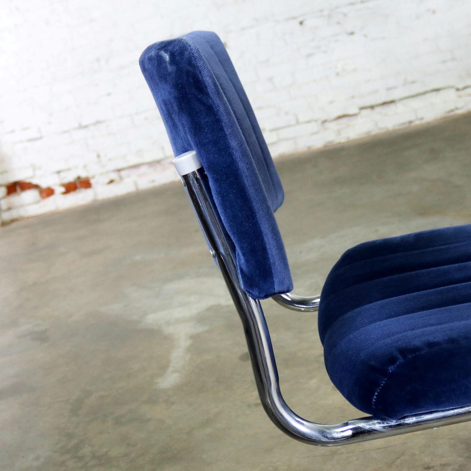Cantilevered Chrome and Blue Velvet Dining Chairs after Marcel Breuer Cesca 8
