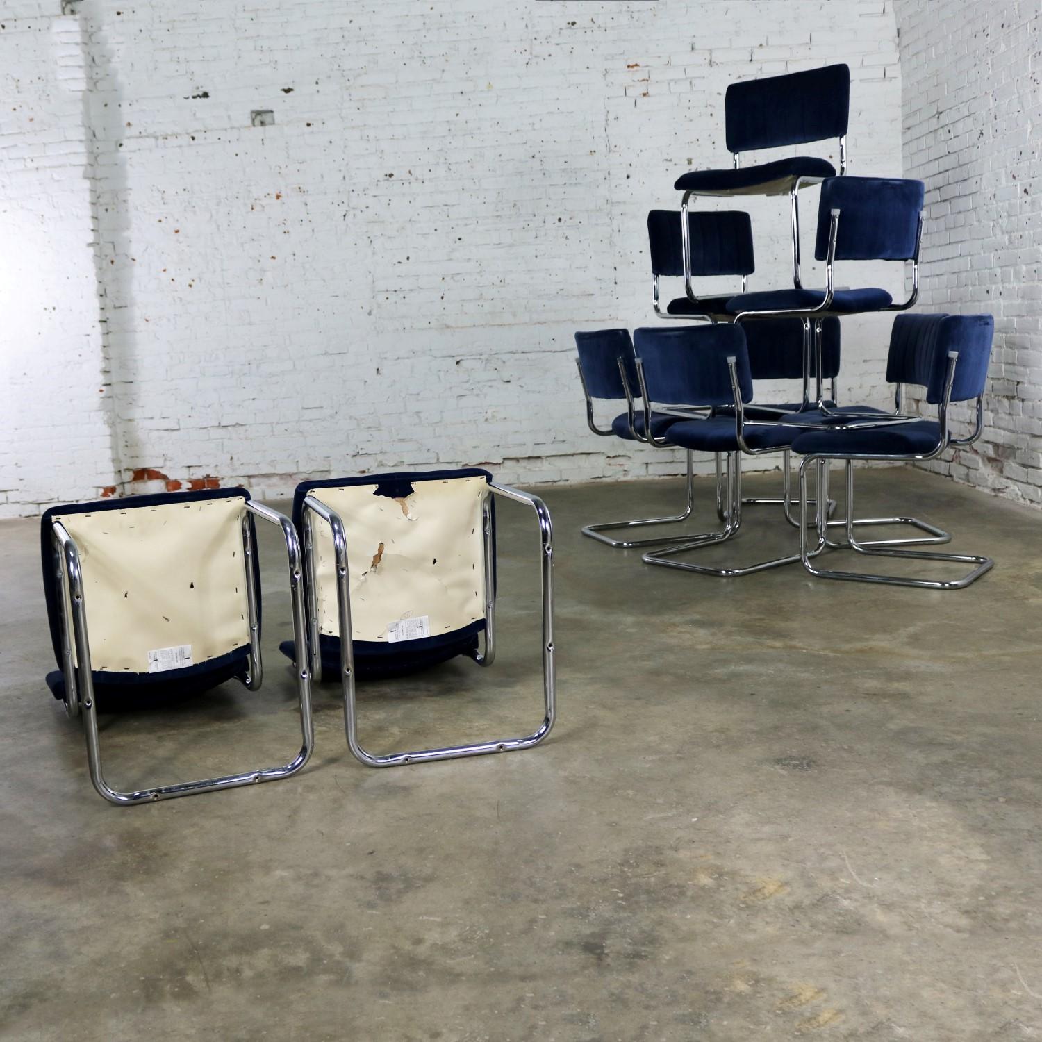 Cantilevered Chrome and Blue Velvet Dining Chairs after Marcel Breuer Cesca 10