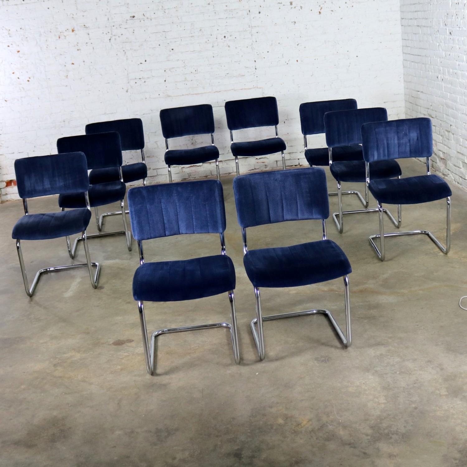 Mid-Century Modern Cantilevered Chrome and Blue Velvet Dining Chairs after Marcel Breuer Cesca