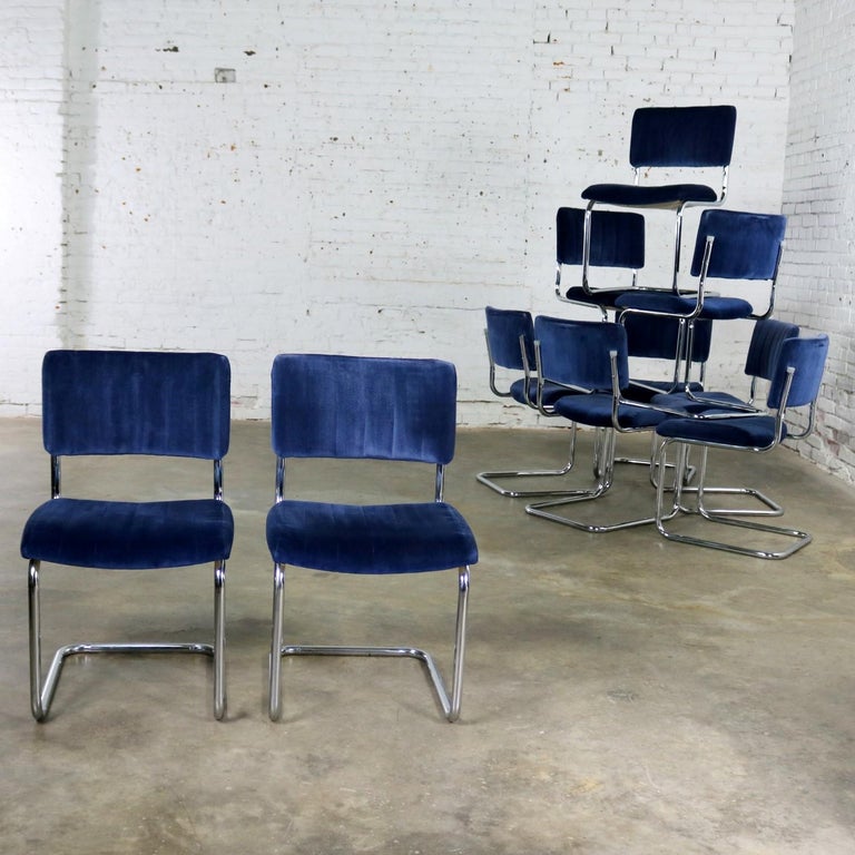 Cantilevered Chrome and Blue Velvet Dining Chairs after Marcel Breuer