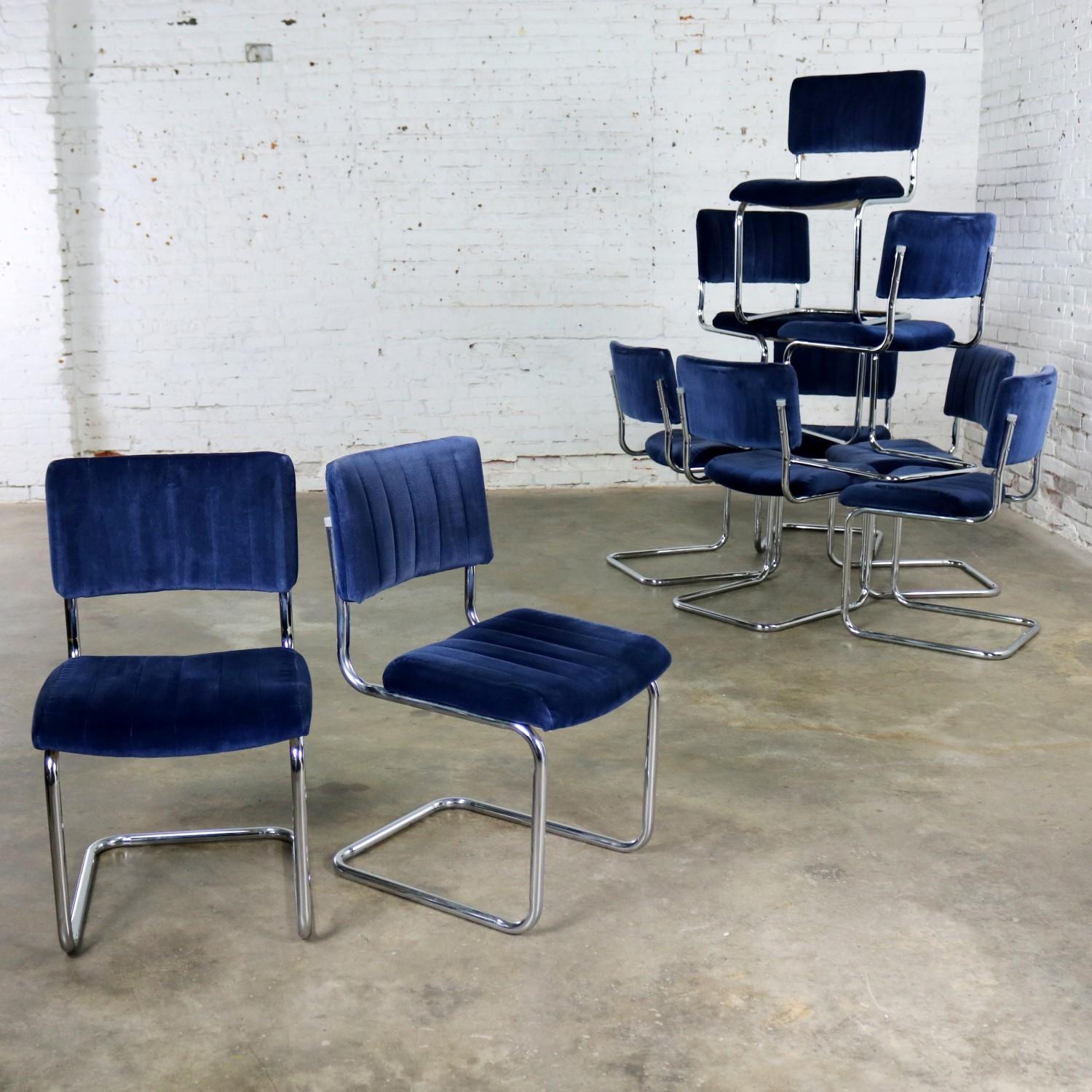 Cantilevered Chrome and Blue Velvet Dining Chairs after Marcel Breuer Cesca In Good Condition In Topeka, KS