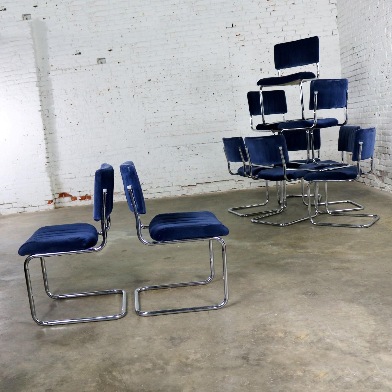 Cantilevered Chrome and Blue Velvet Dining Chairs after Marcel Breuer Cesca 1