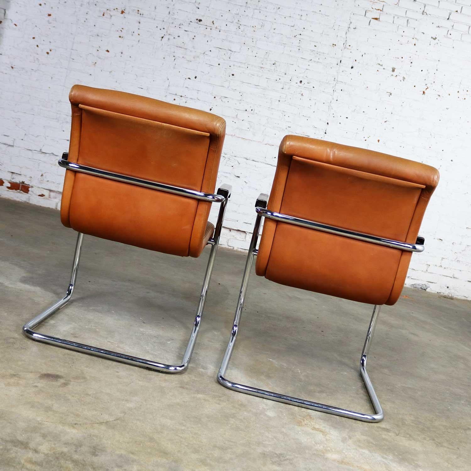 Cantilevered Chrome Cognac Leather Chairs Mid-Century Modern 3