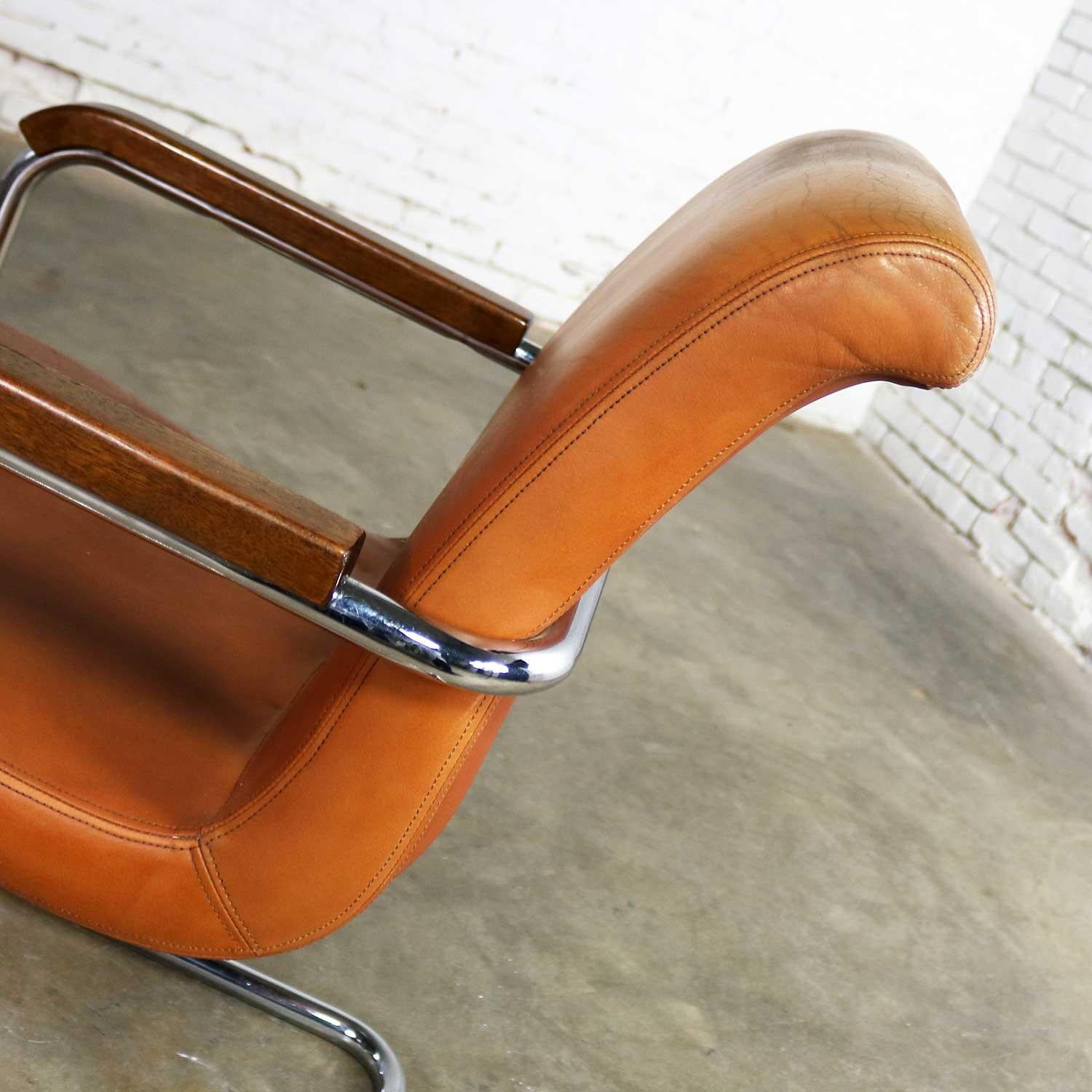 Cantilevered Chrome Cognac Leather Chairs Mid-Century Modern 4