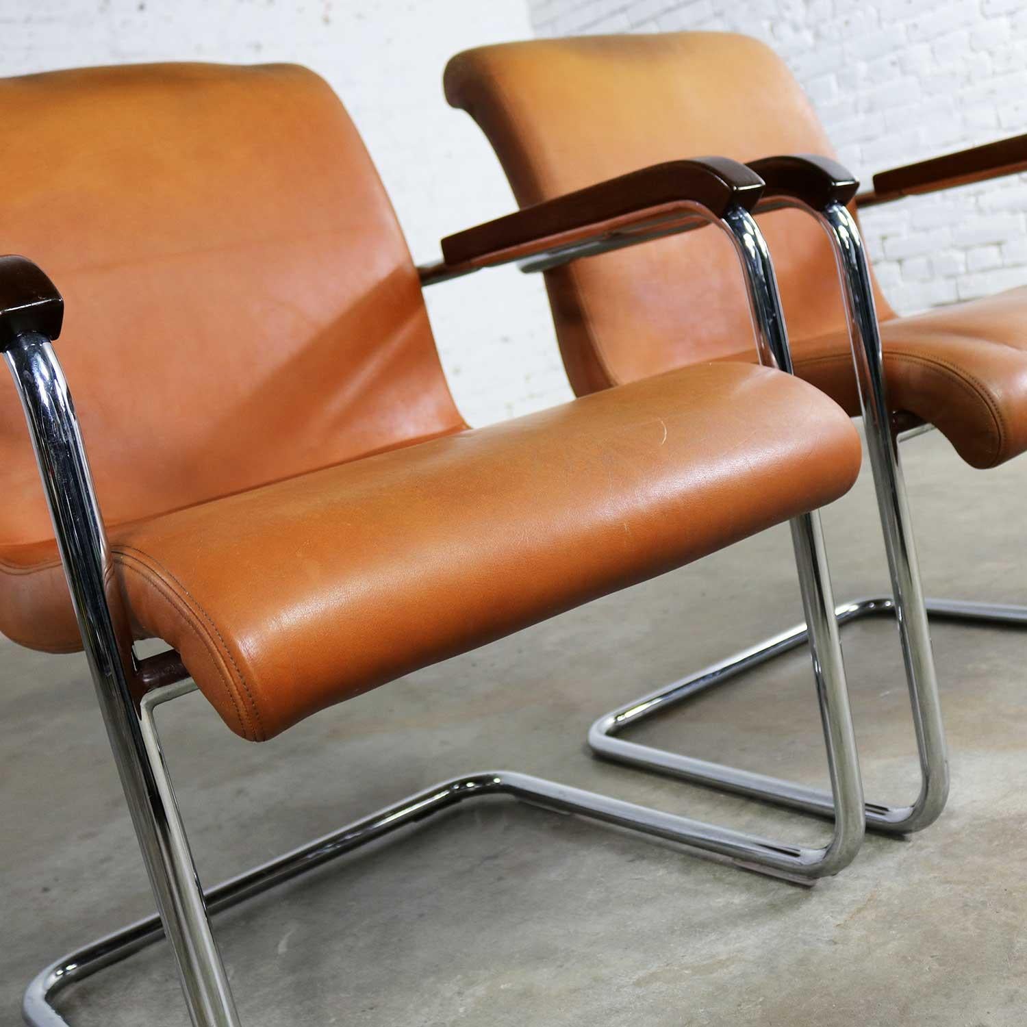 Cantilevered Chrome Cognac Leather Chairs Mid-Century Modern 5