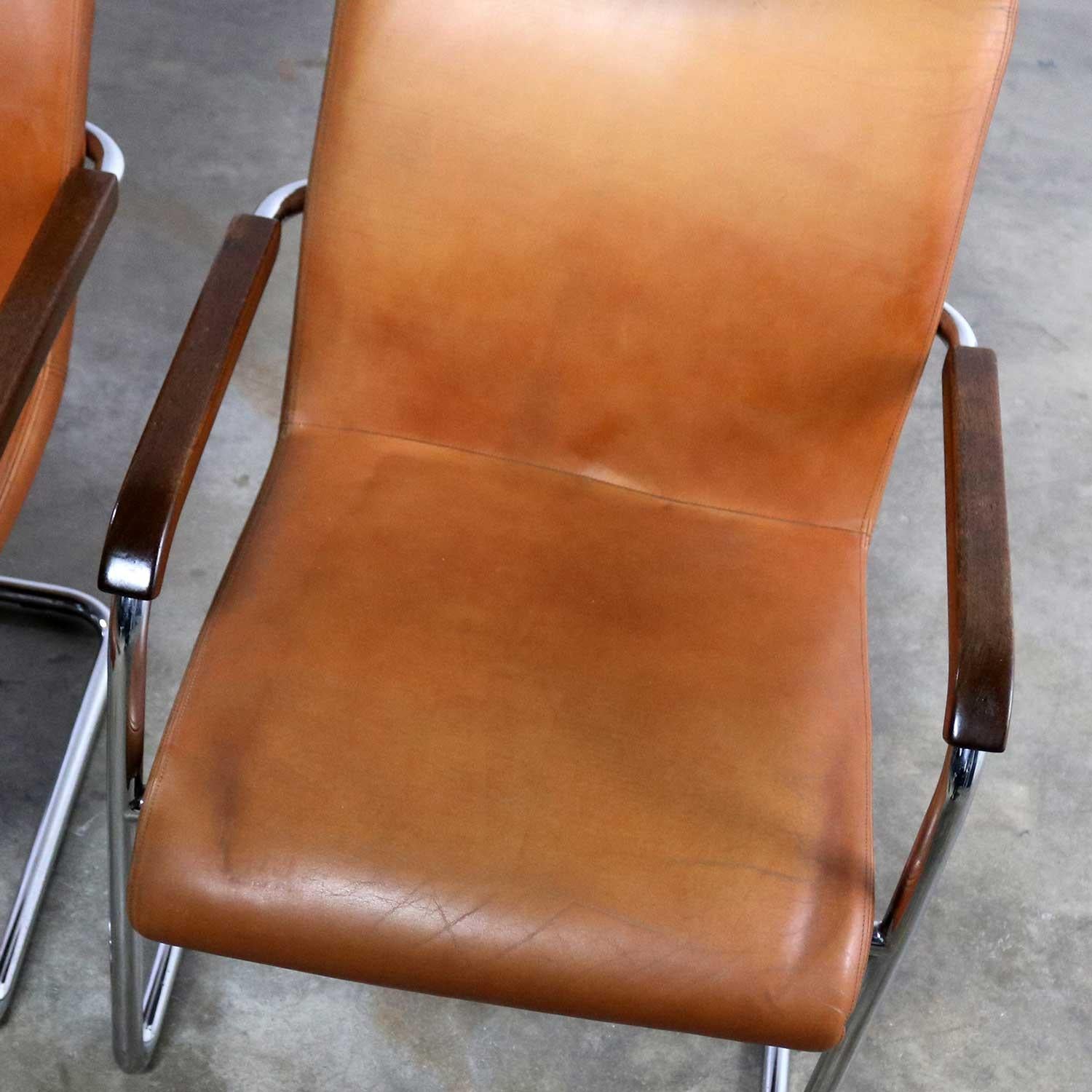 Cantilevered Chrome Cognac Leather Chairs Mid-Century Modern 12