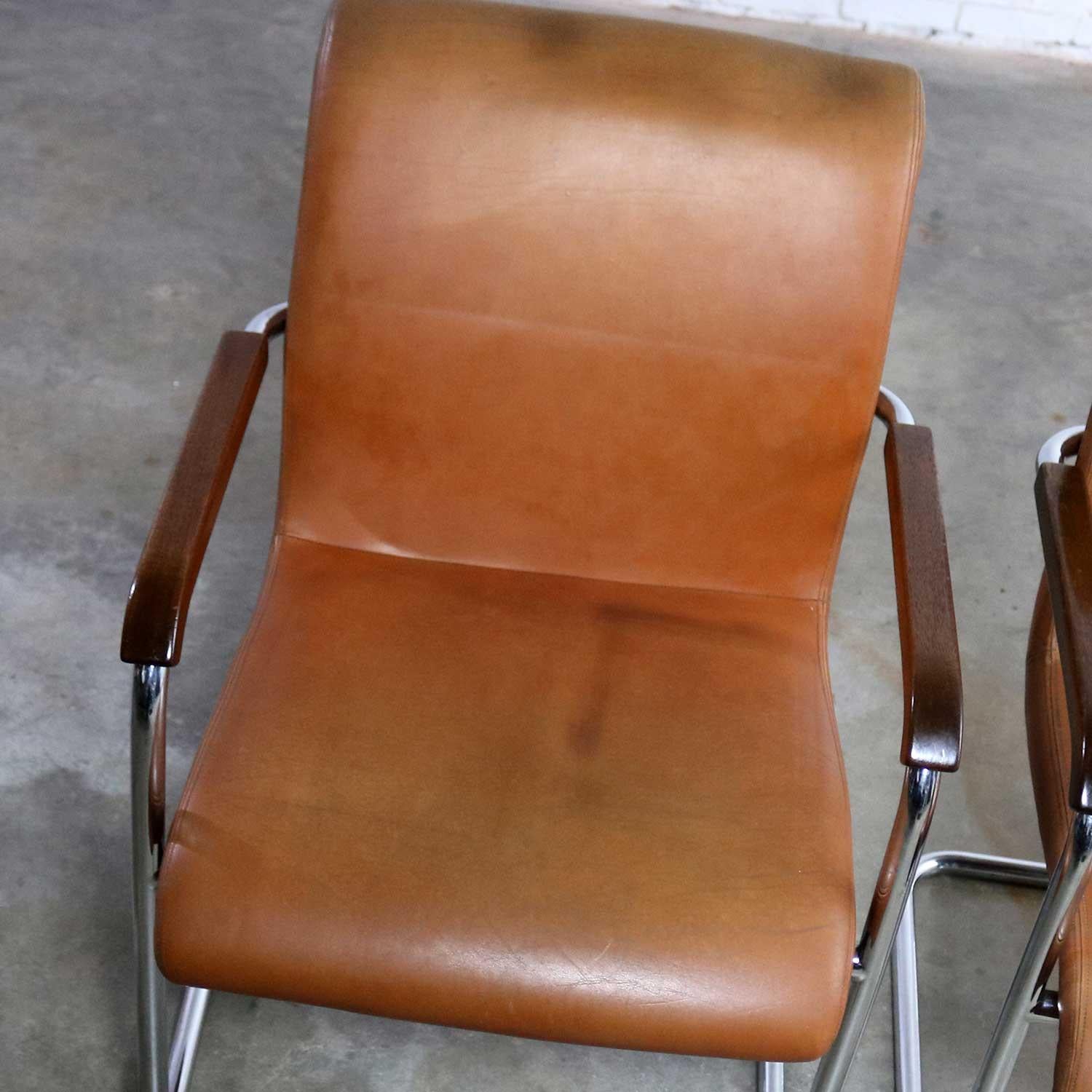 Cantilevered Chrome Cognac Leather Chairs Mid-Century Modern 13
