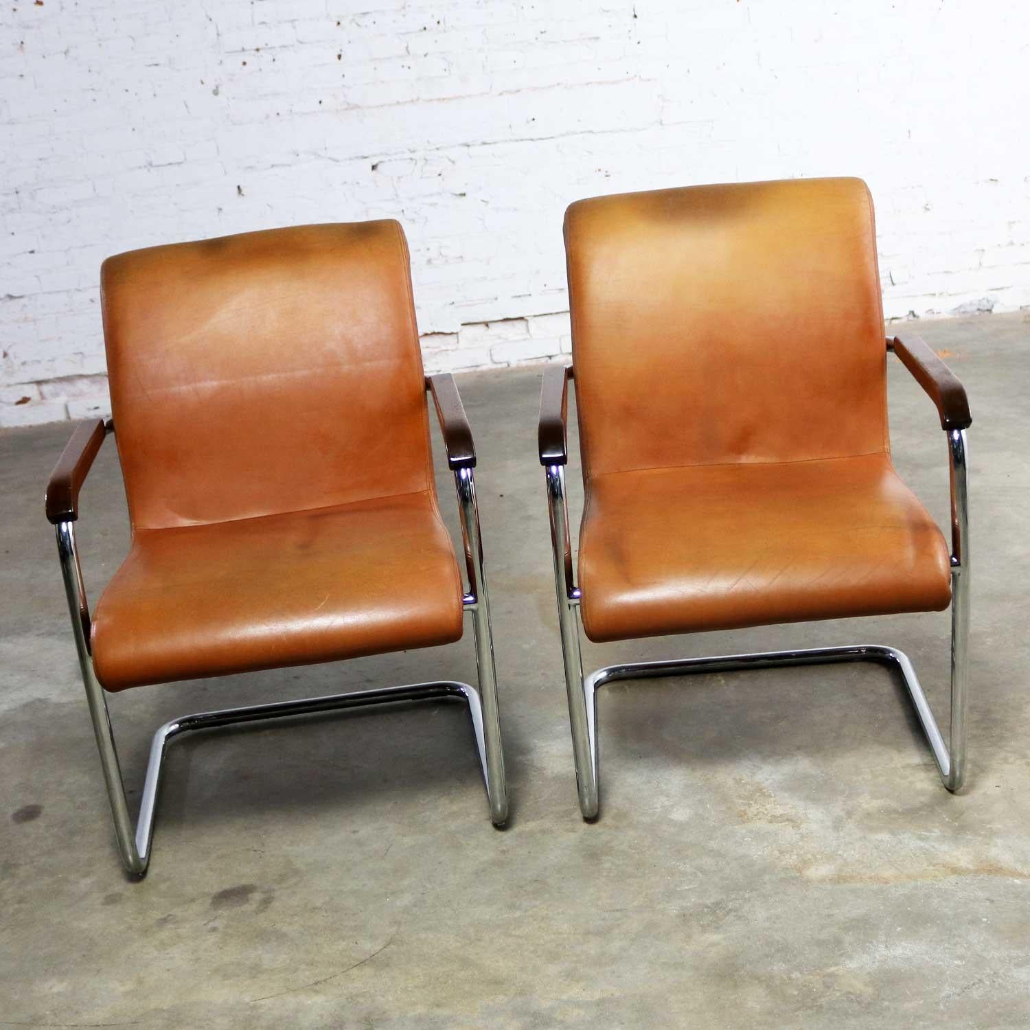Canadian Cantilevered Chrome Cognac Leather Chairs Mid-Century Modern