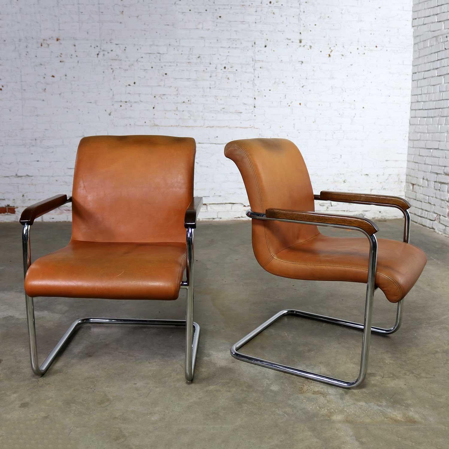 Cantilevered Chrome Cognac Leather Chairs Mid-Century Modern In Good Condition In Topeka, KS