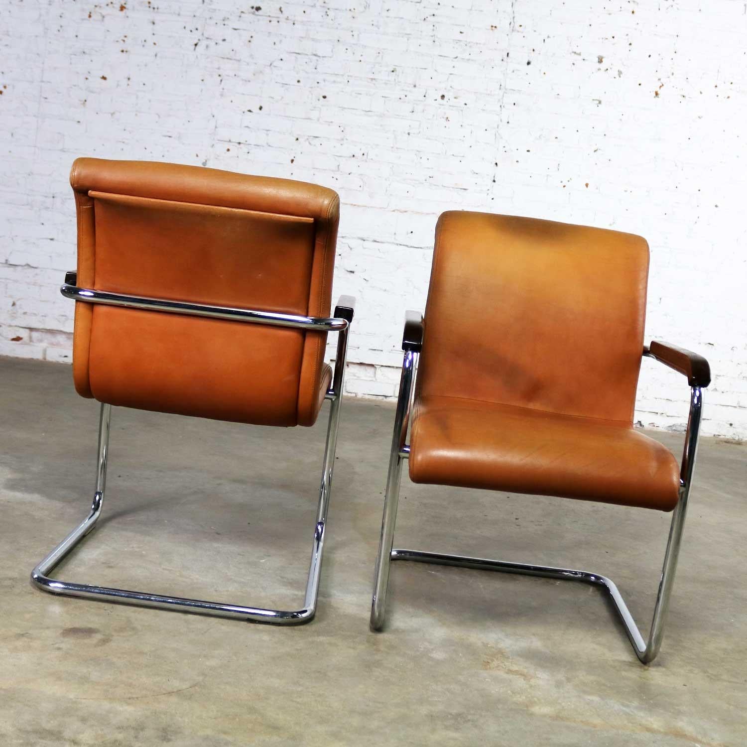 20th Century Cantilevered Chrome Cognac Leather Chairs Mid-Century Modern