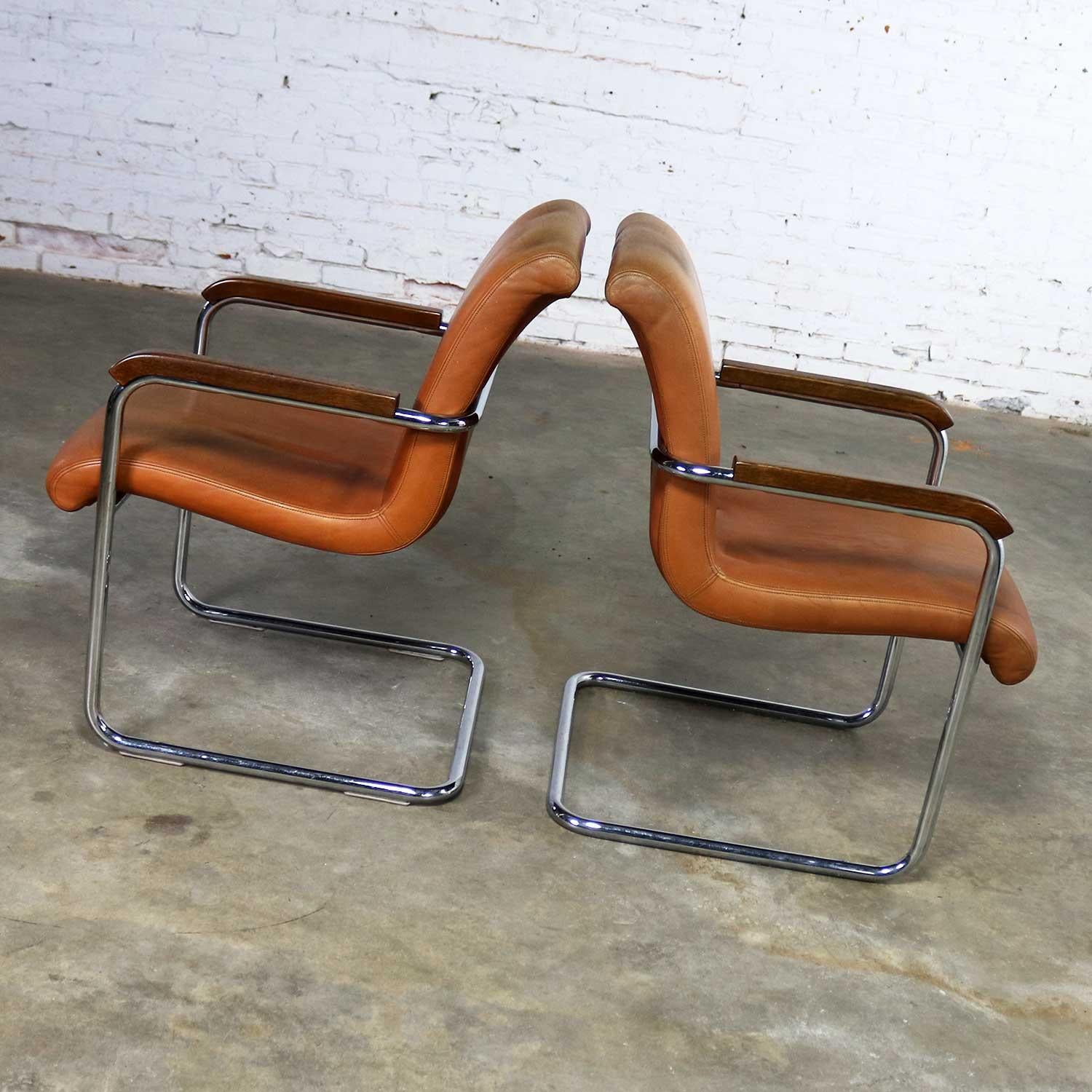 Cantilevered Chrome Cognac Leather Chairs Mid-Century Modern 1