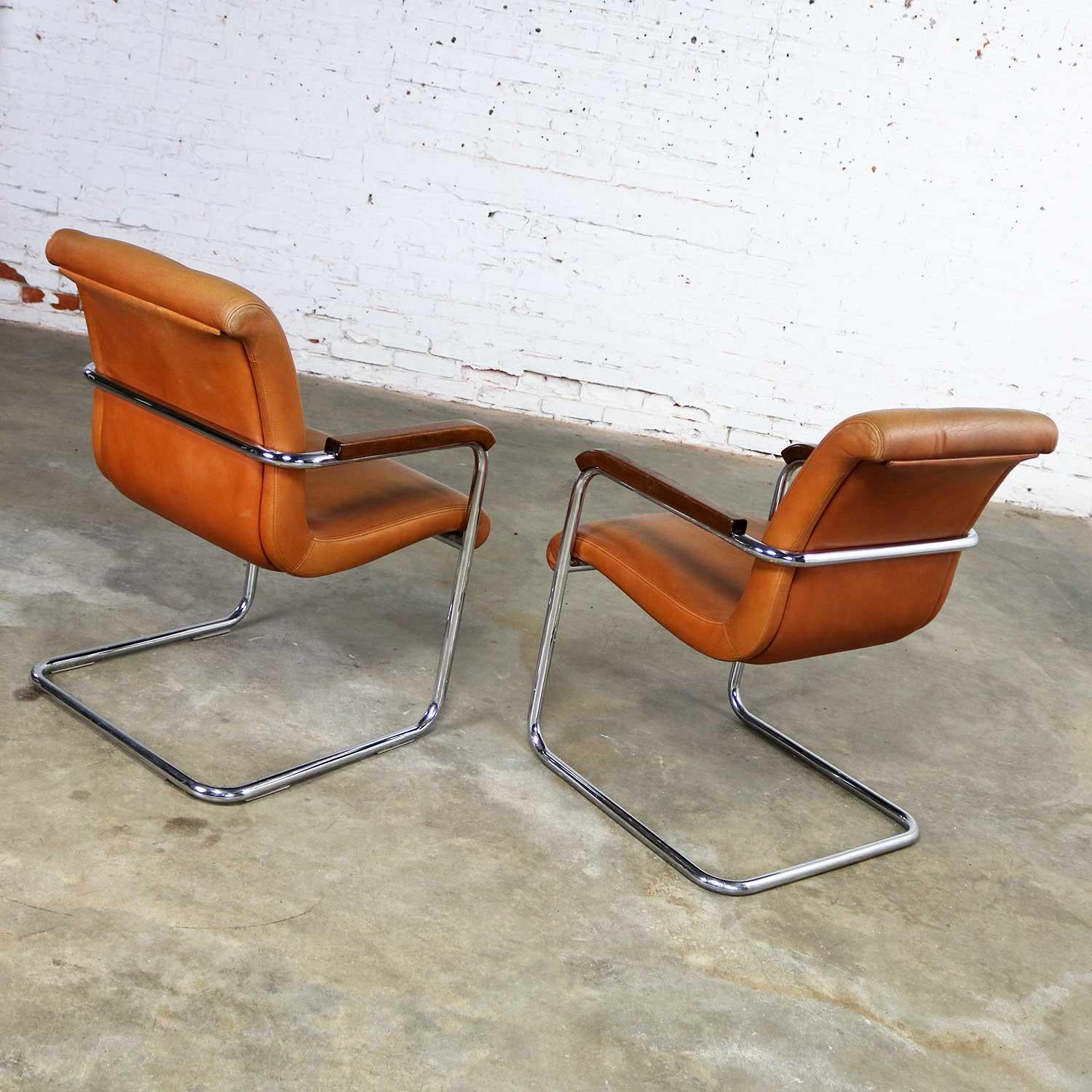 Cantilevered Chrome Cognac Leather Chairs Mid-Century Modern 2
